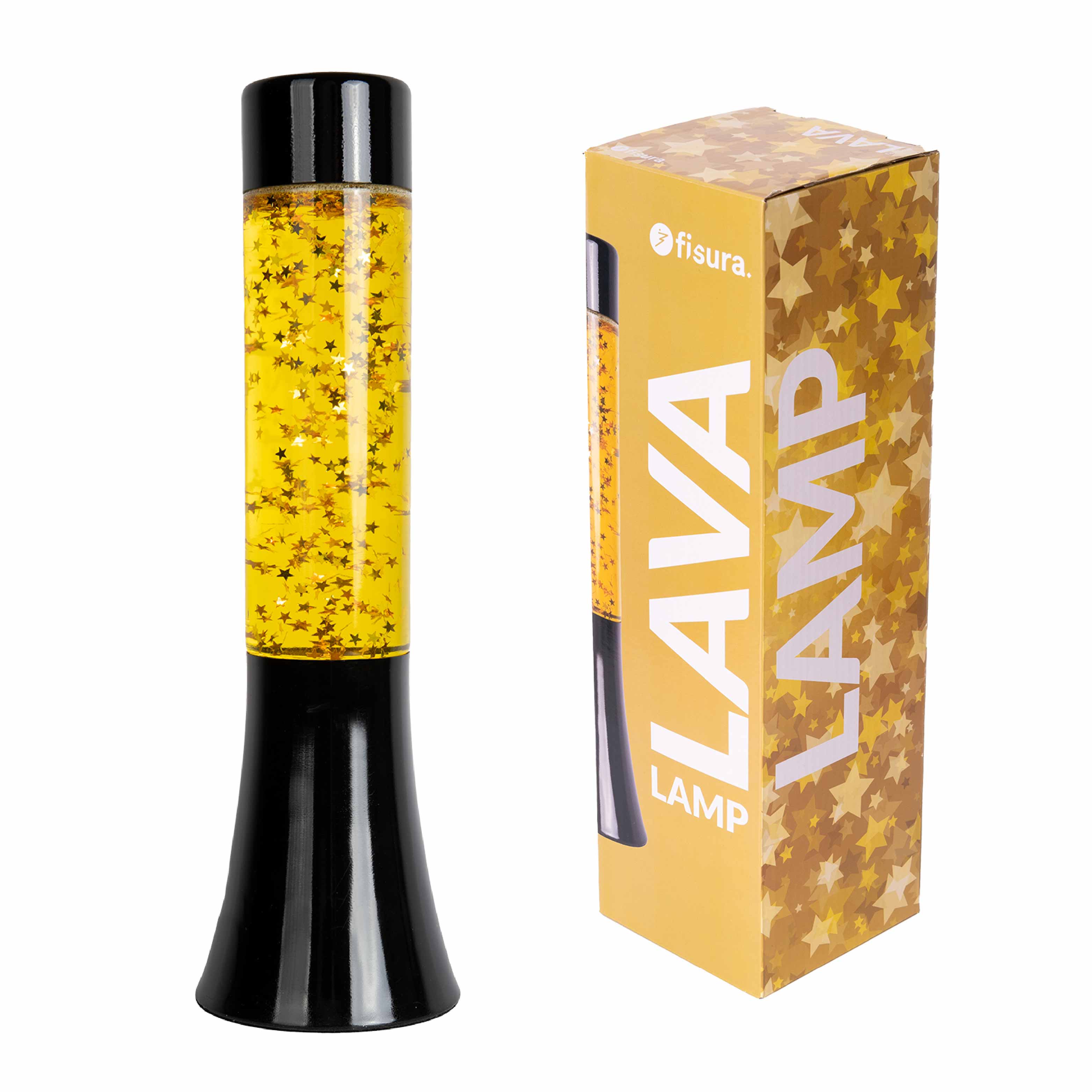 Lámpara de lava glitter de estrellas de 30 cm con base negra y líquido amarillo