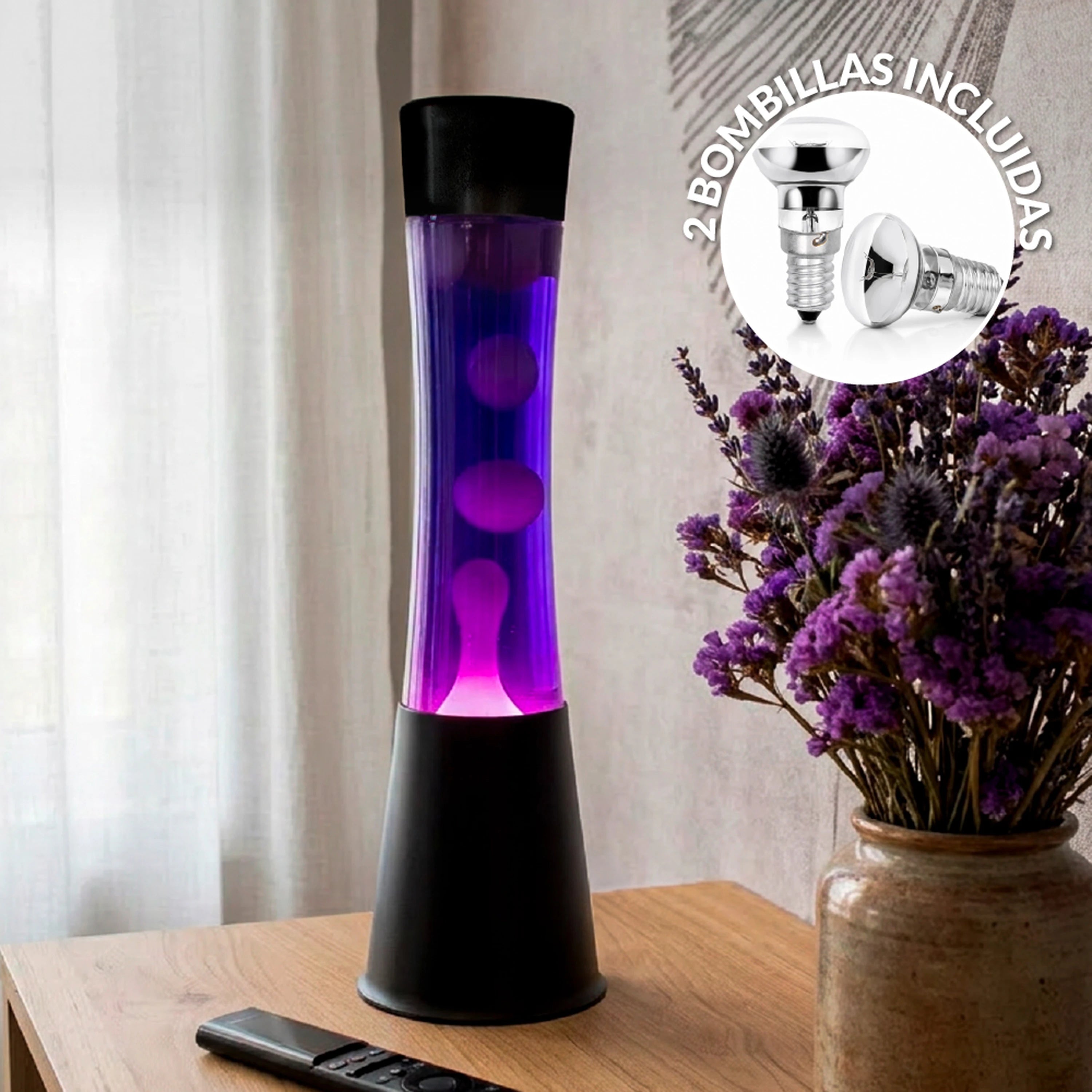 Lámpara de lava blanca de 40 cm con base negra y líquido morado