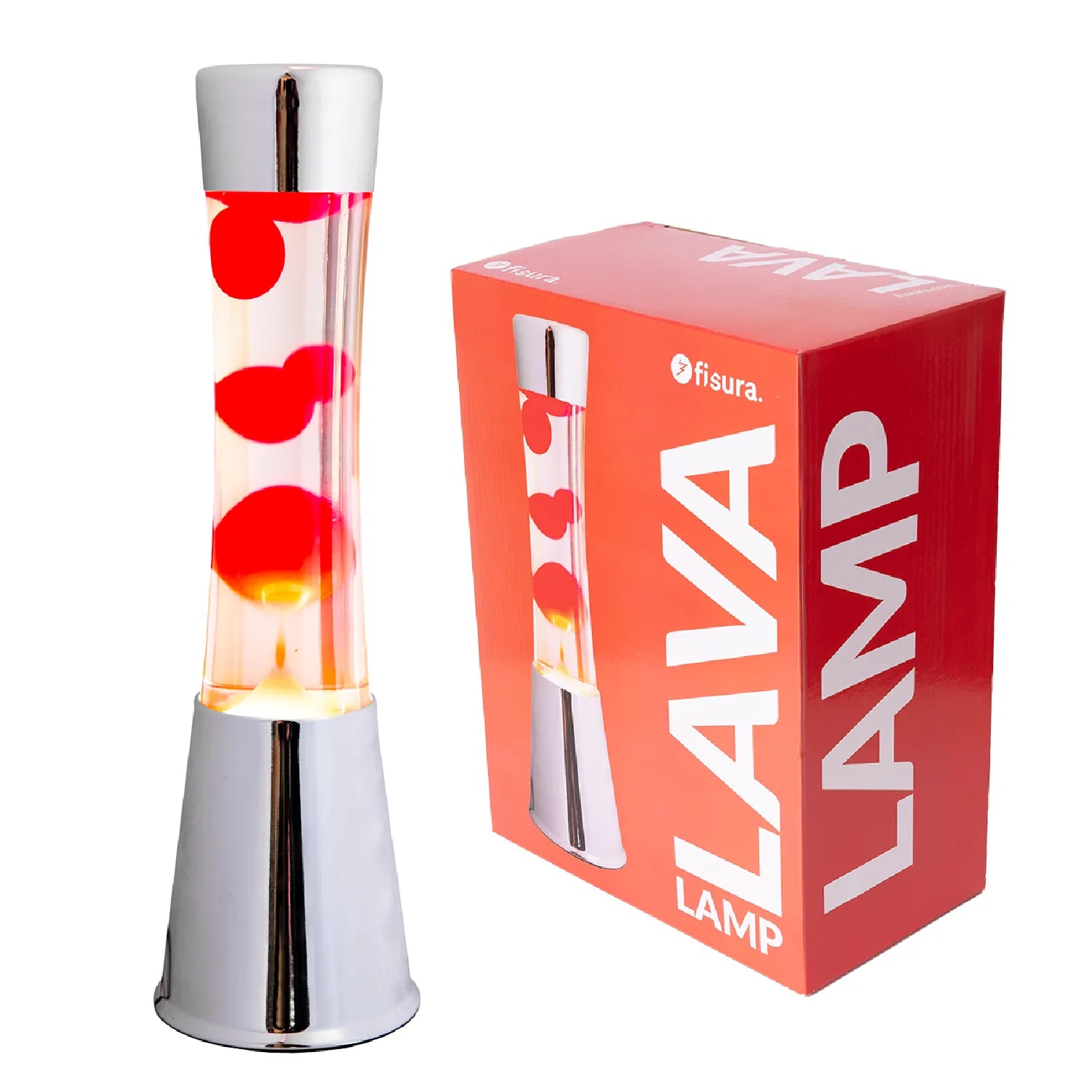 Lámpara de Lava con base cromo, líquido transparente y lava roja
