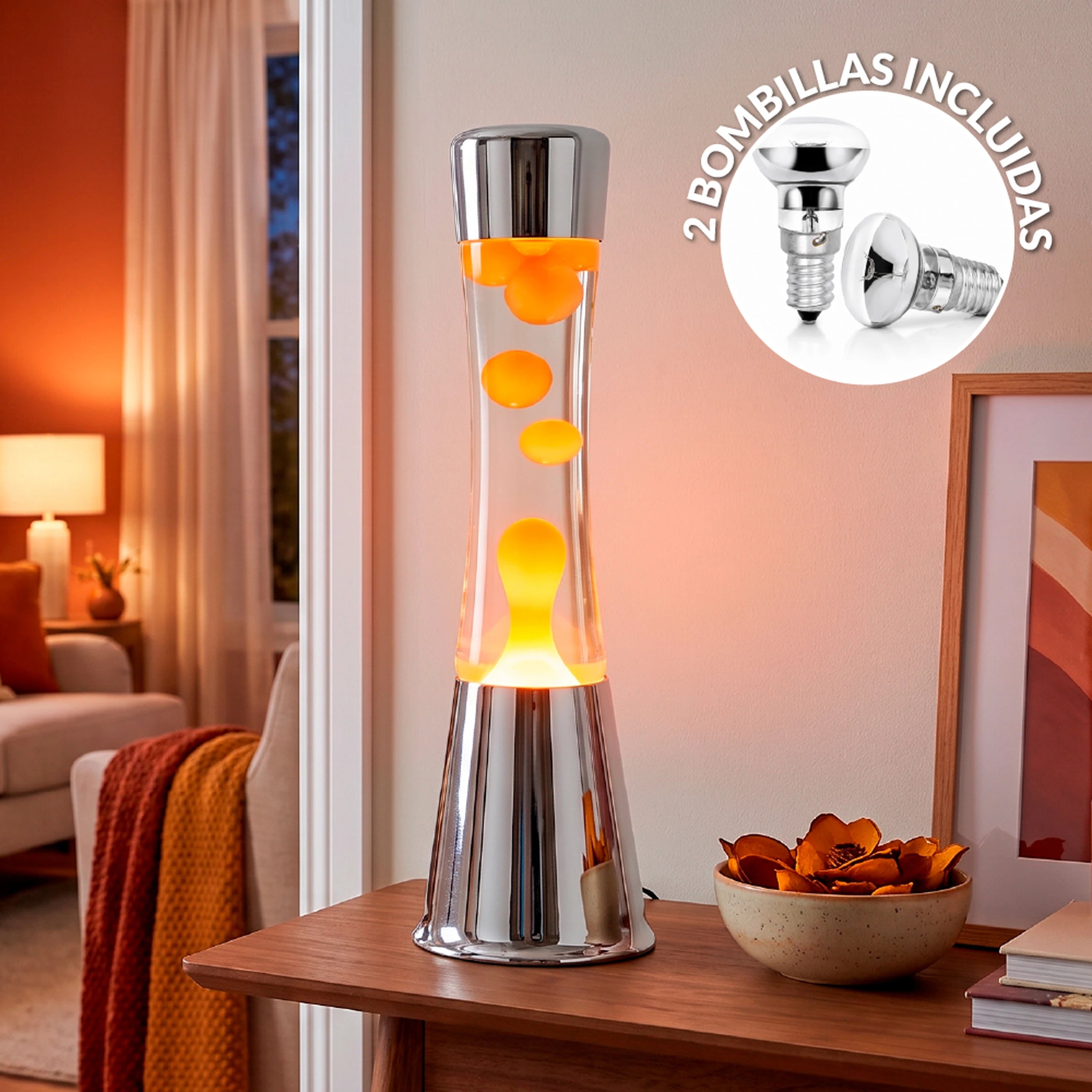 Lámpara de Lava con base cromo, líquido transparente y lava naranja