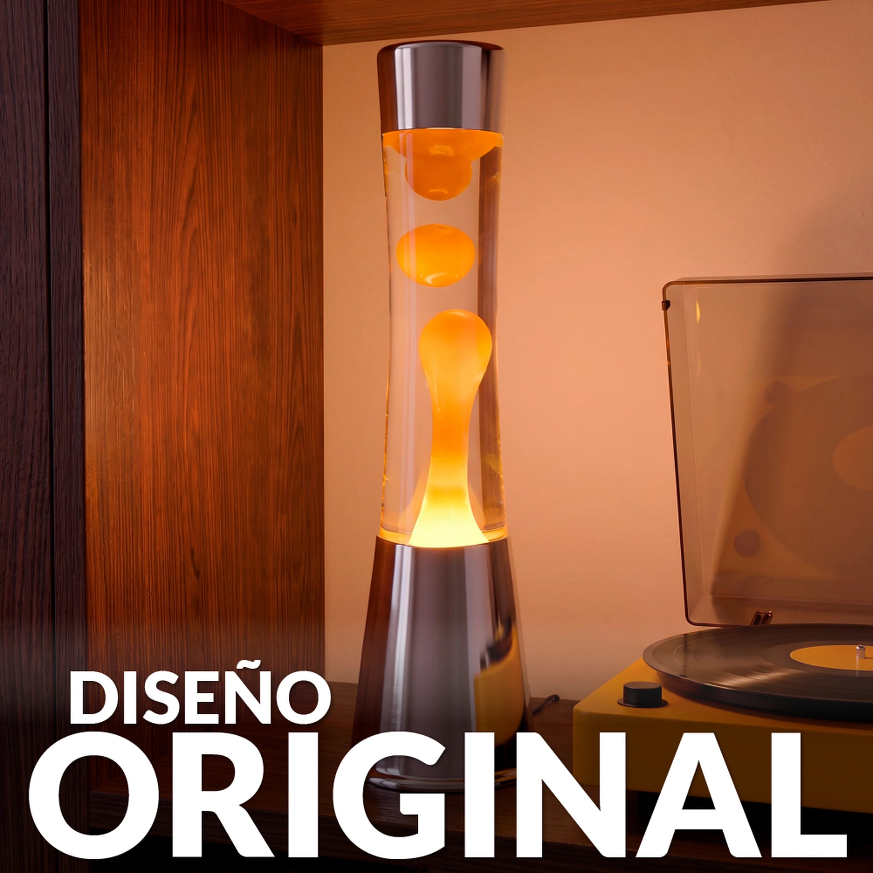 Lámpara de Lava con base cromo, líquido transparente y lava naranja