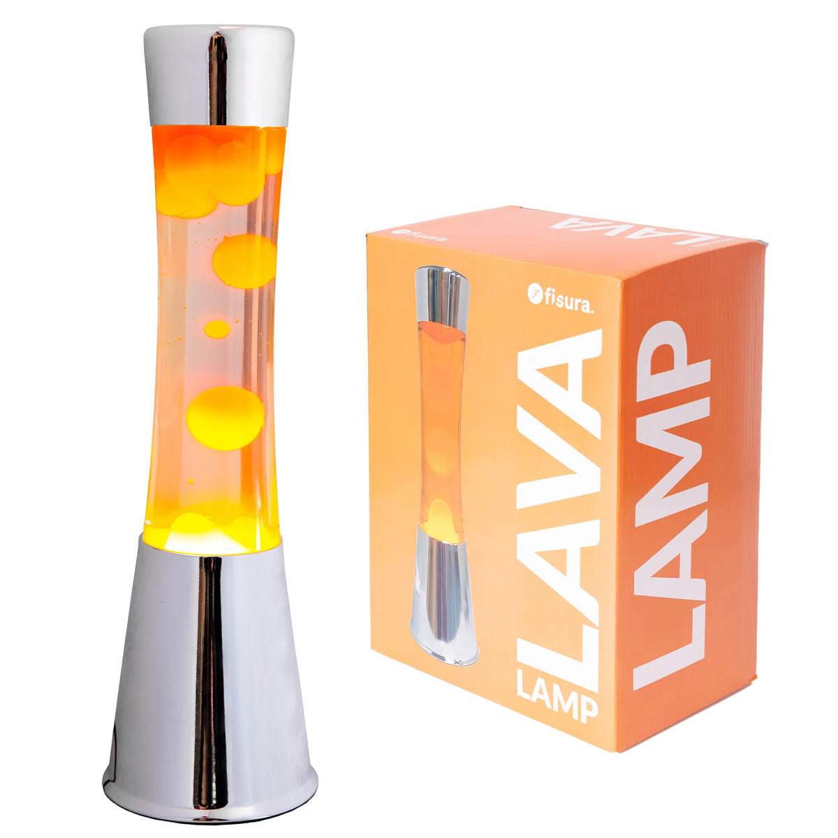 Lámpara de Lava con base cromo, líquido transparente y lava naranja