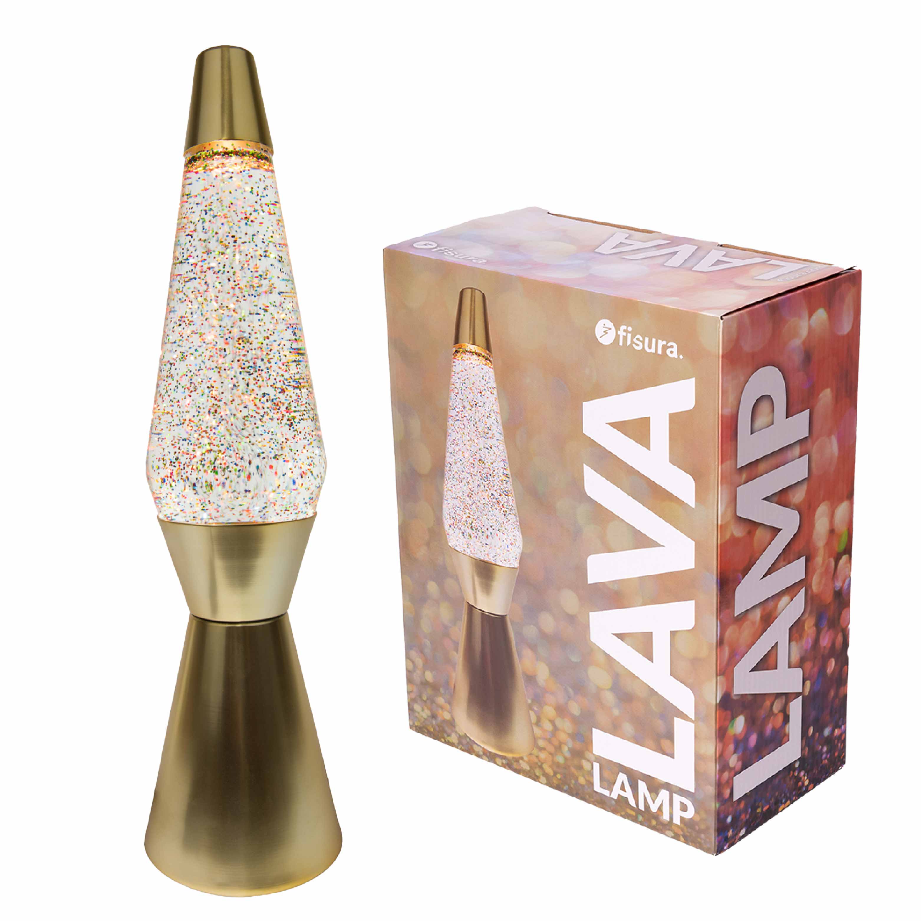 Lámpara de Lava 'Bullet' con base oro mate, líquido transparente y lava purpurina oro