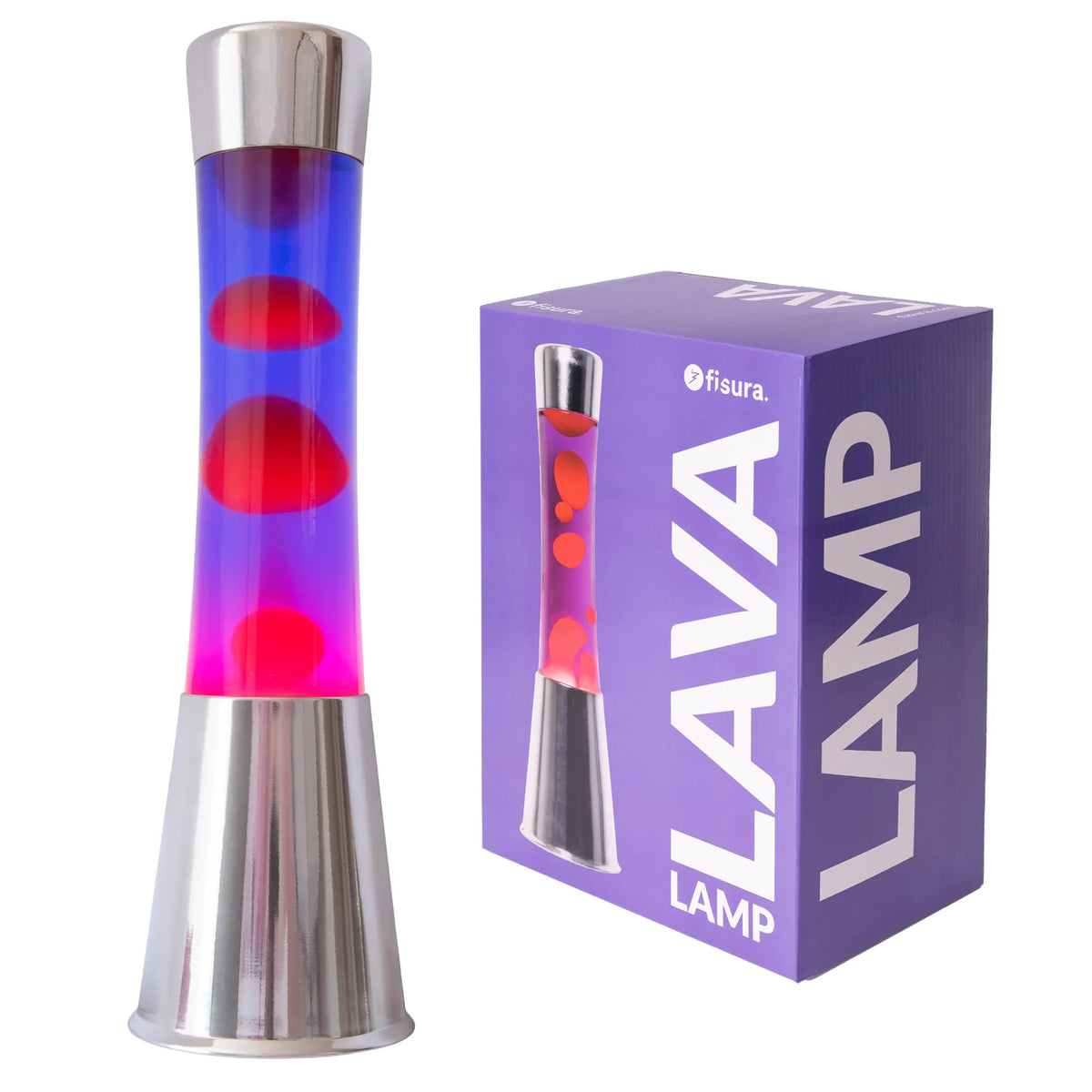 Lámpara de Lava con base cromo, líquido morado y lava roja