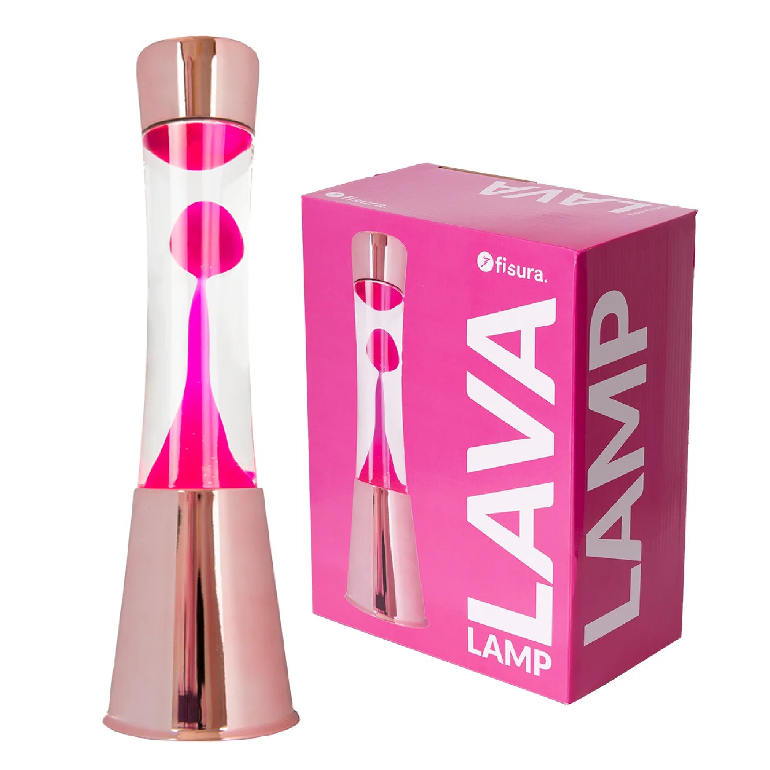 Lámpara de Lava con base oro rosa, líquido transparente y lava magenta