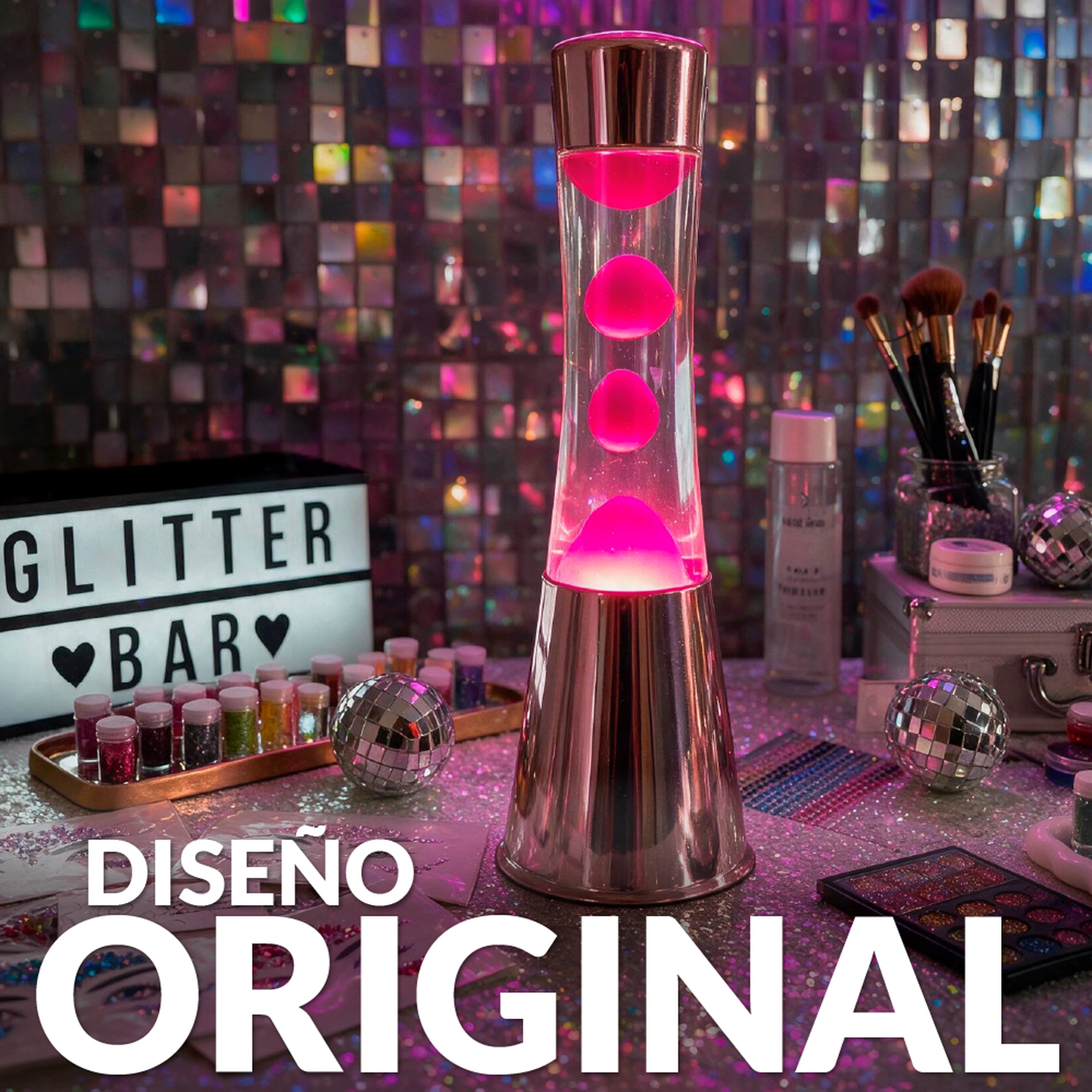 Lámpara de Lava con base oro rosa, líquido transparente y lava magenta