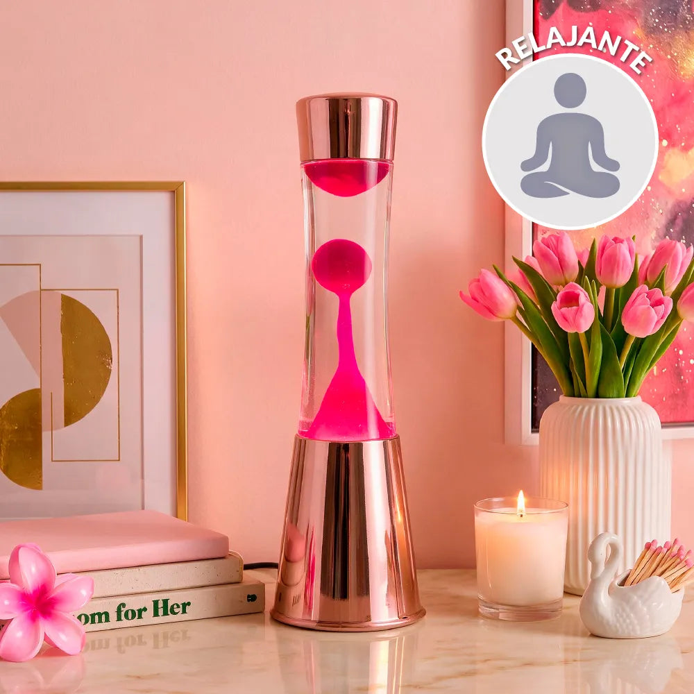 Lámpara de Lava con base oro rosa, líquido transparente y lava magenta
