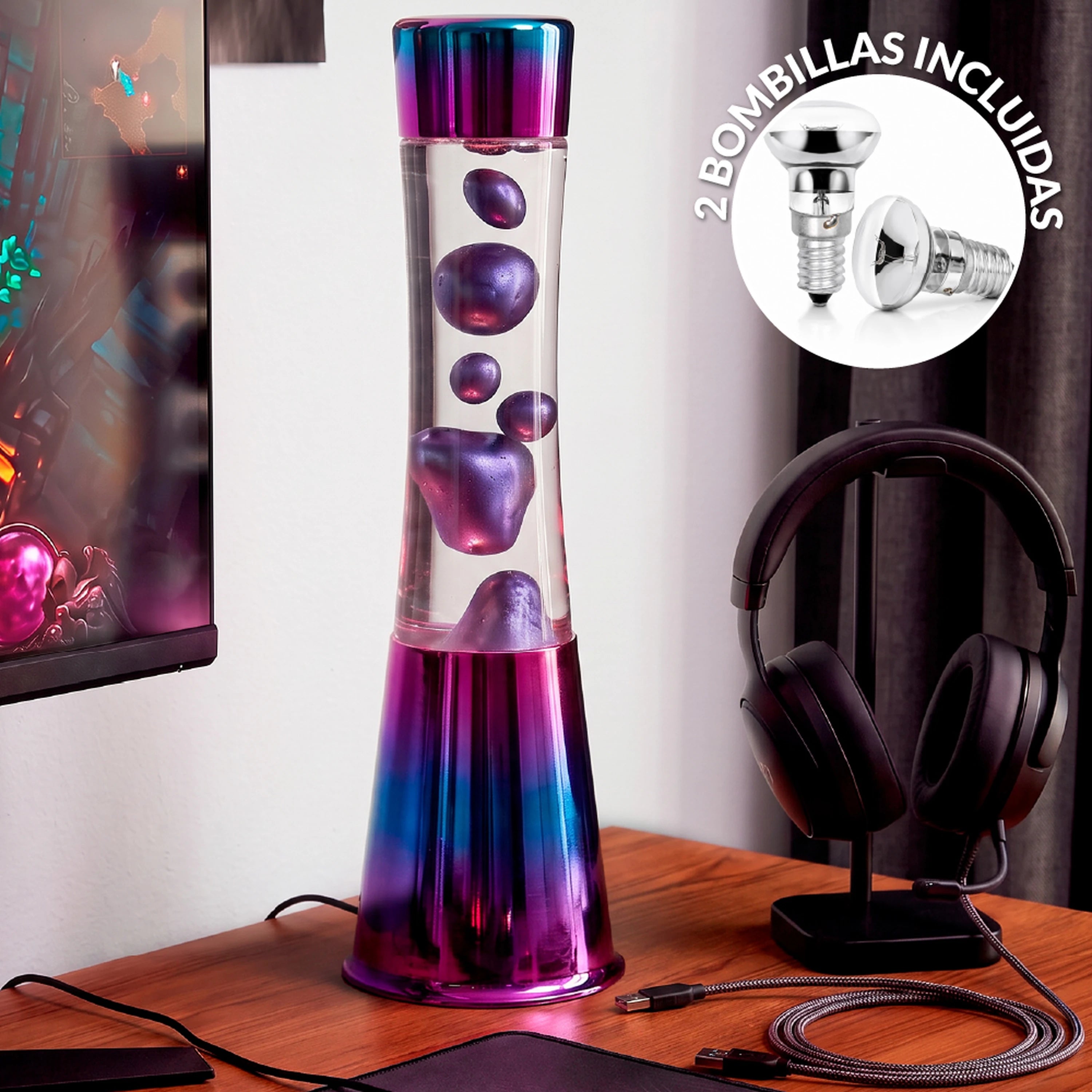 Lámpara de Lava con base iridiscente, líquido transparente y lava metálica morada