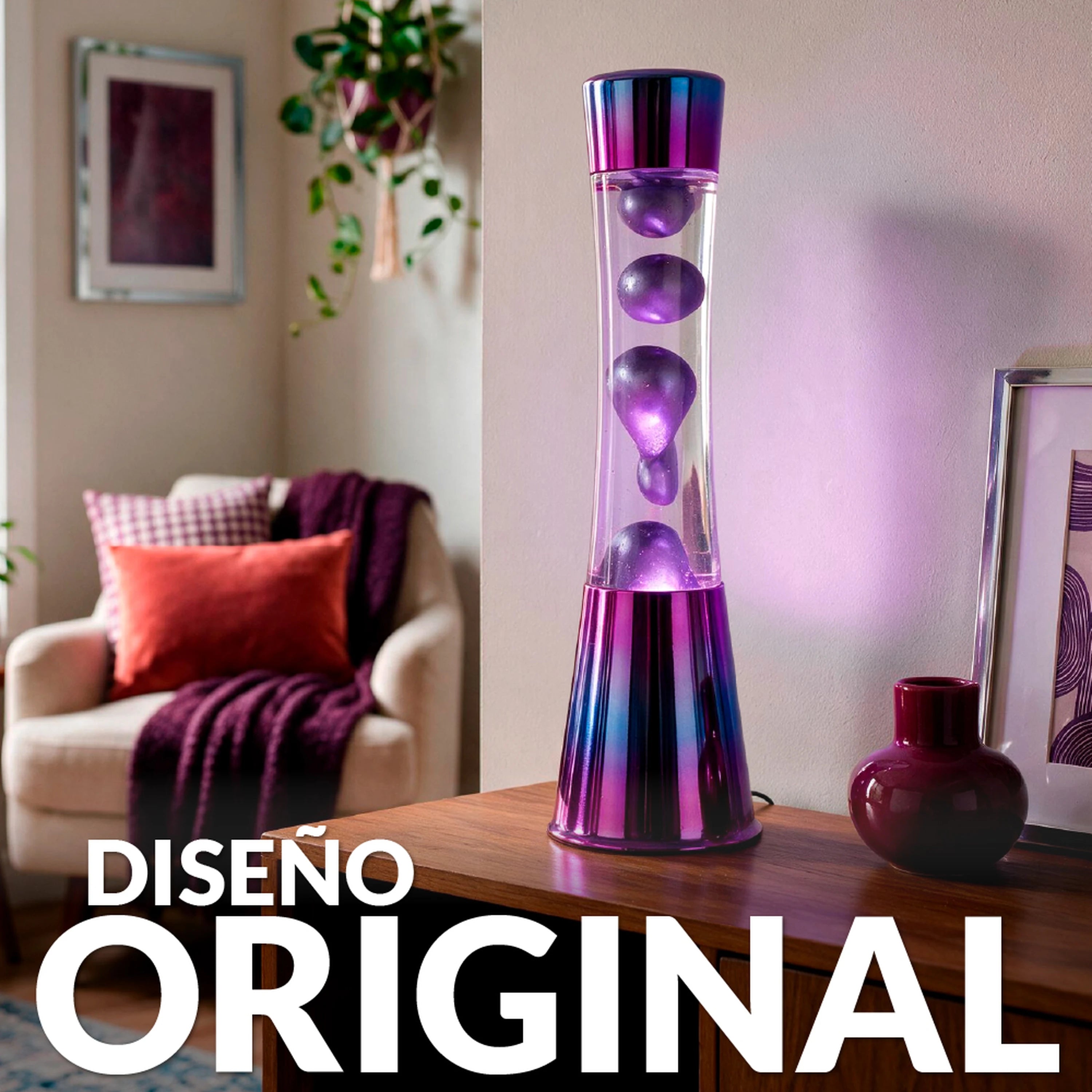 Lámpara de Lava con base iridiscente, líquido transparente y lava metálica morada