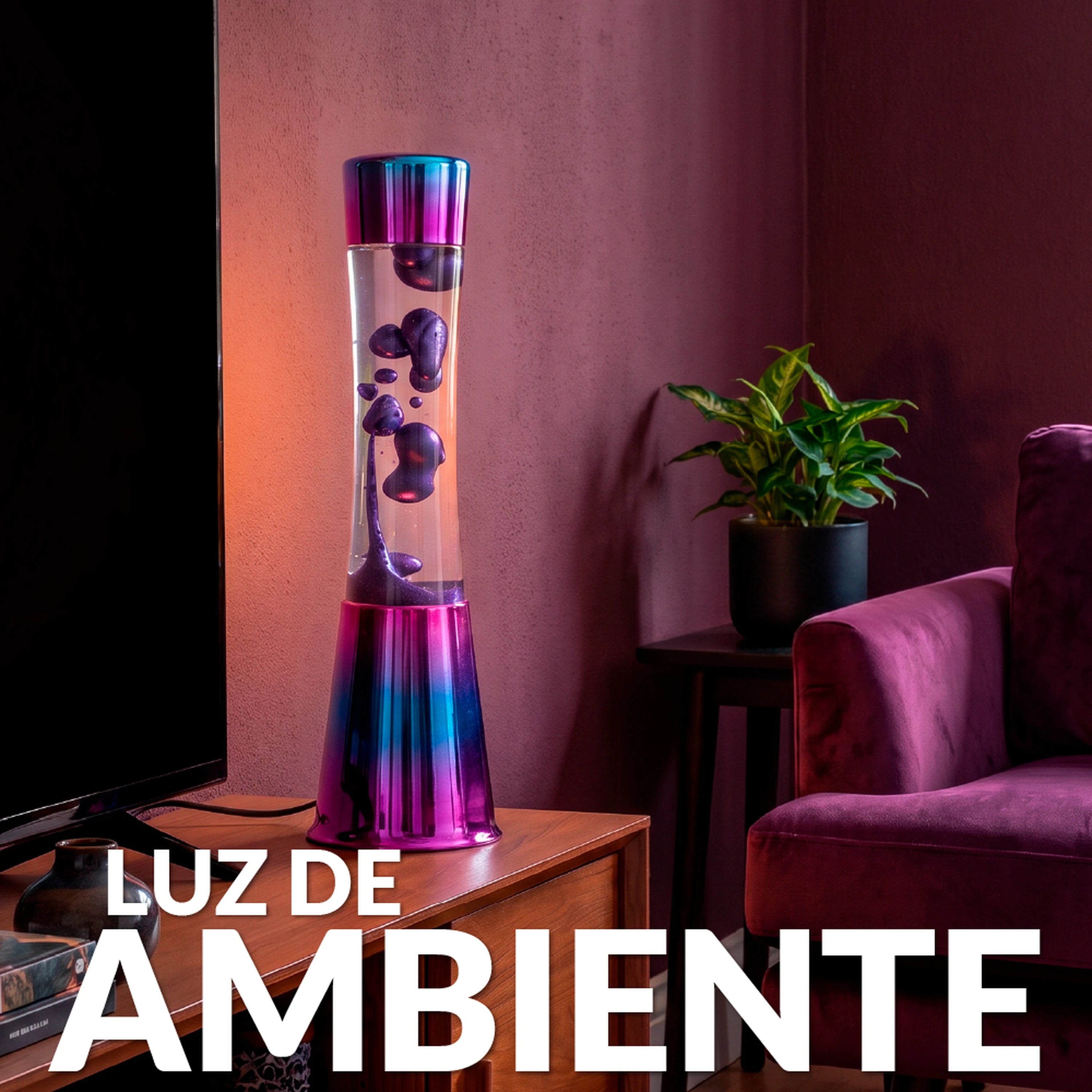 Lámpara de Lava con base iridiscente, líquido transparente y lava metálica morada