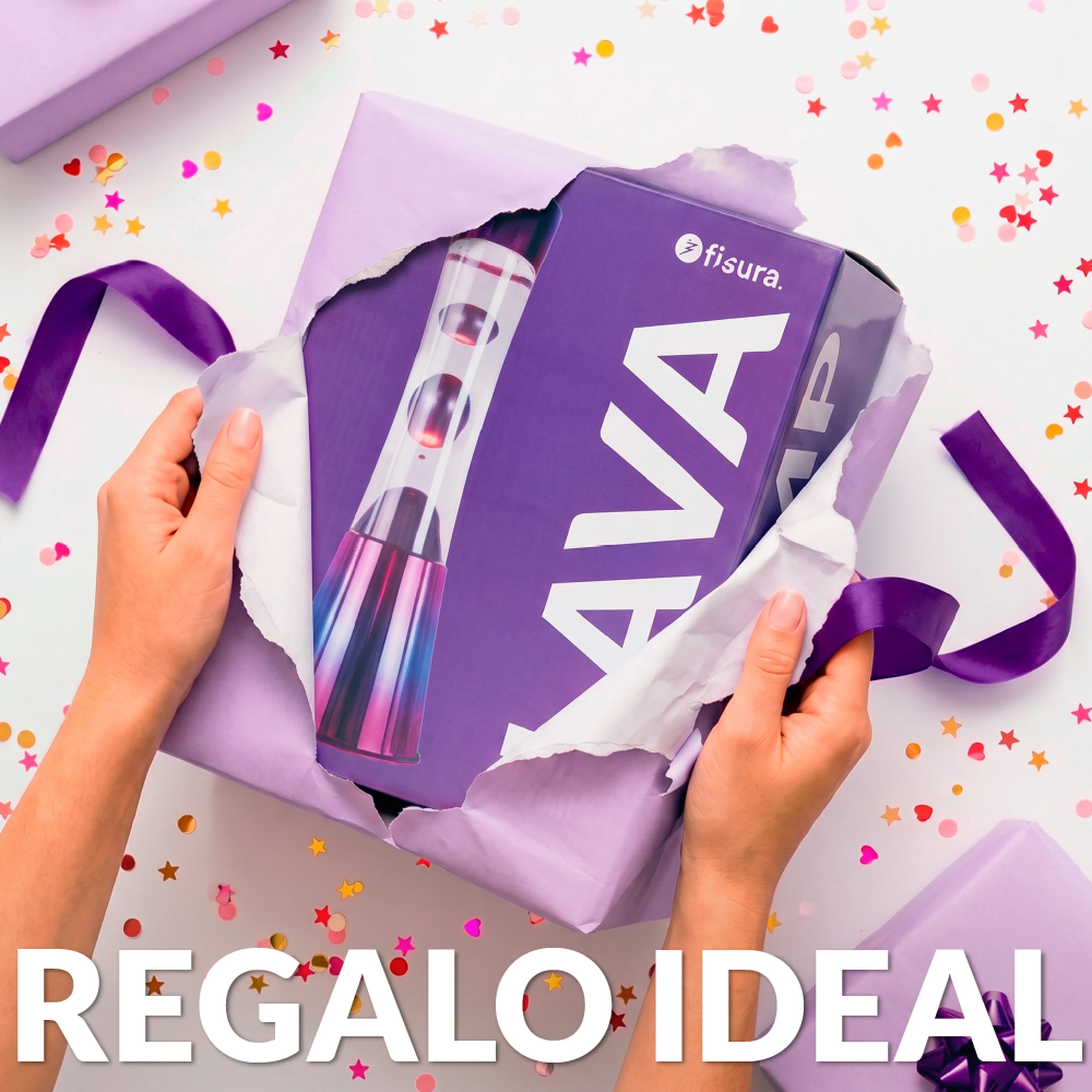Lámpara de Lava con base iridiscente, líquido transparente y lava metálica morada
