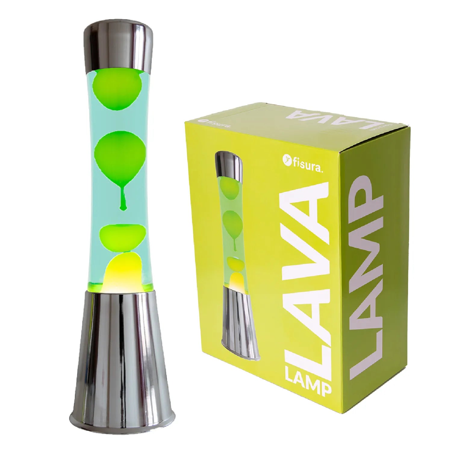 Lámpara de Lava con base cromo, líquido amarillo y lava verde