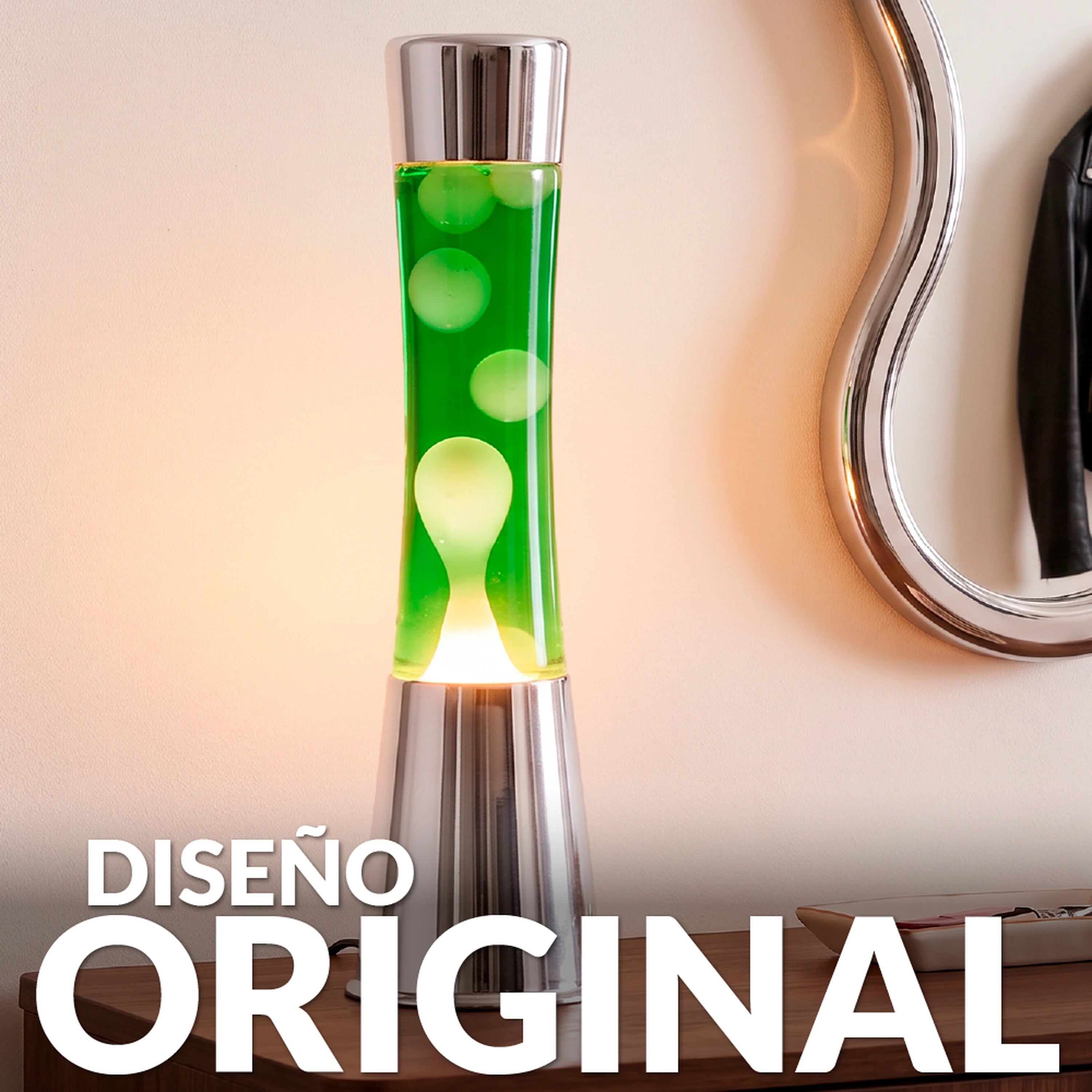 Lámpara de Lava con base cromo, líquido amarillo y lava verde