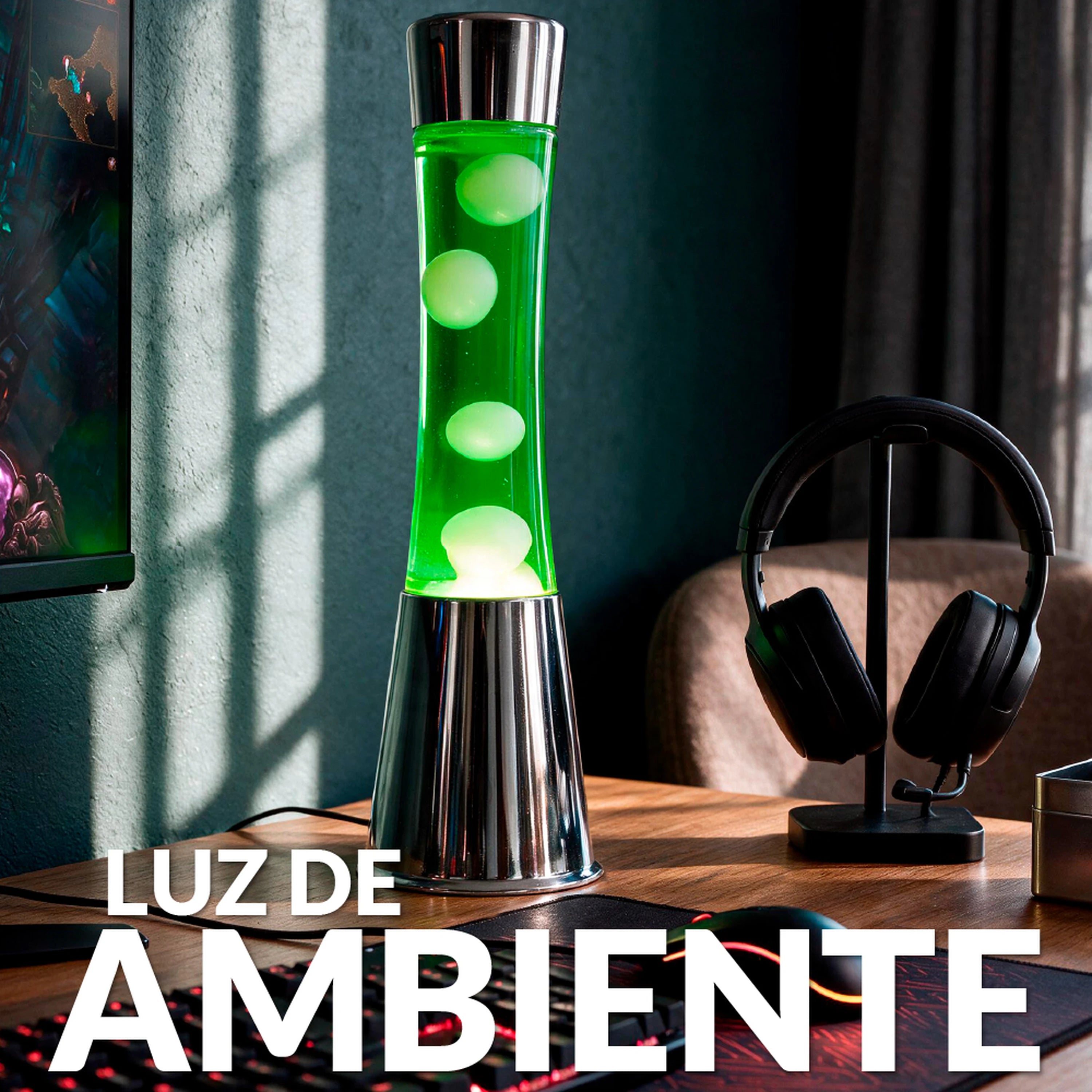 Lámpara de Lava con base cromo, líquido amarillo y lava verde