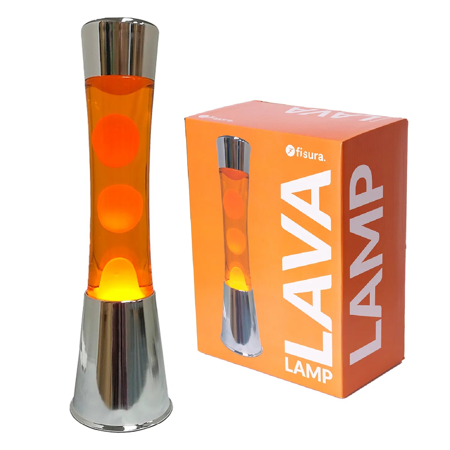 Lámpara de lava con base cromo, líquido naranja y lava naranja