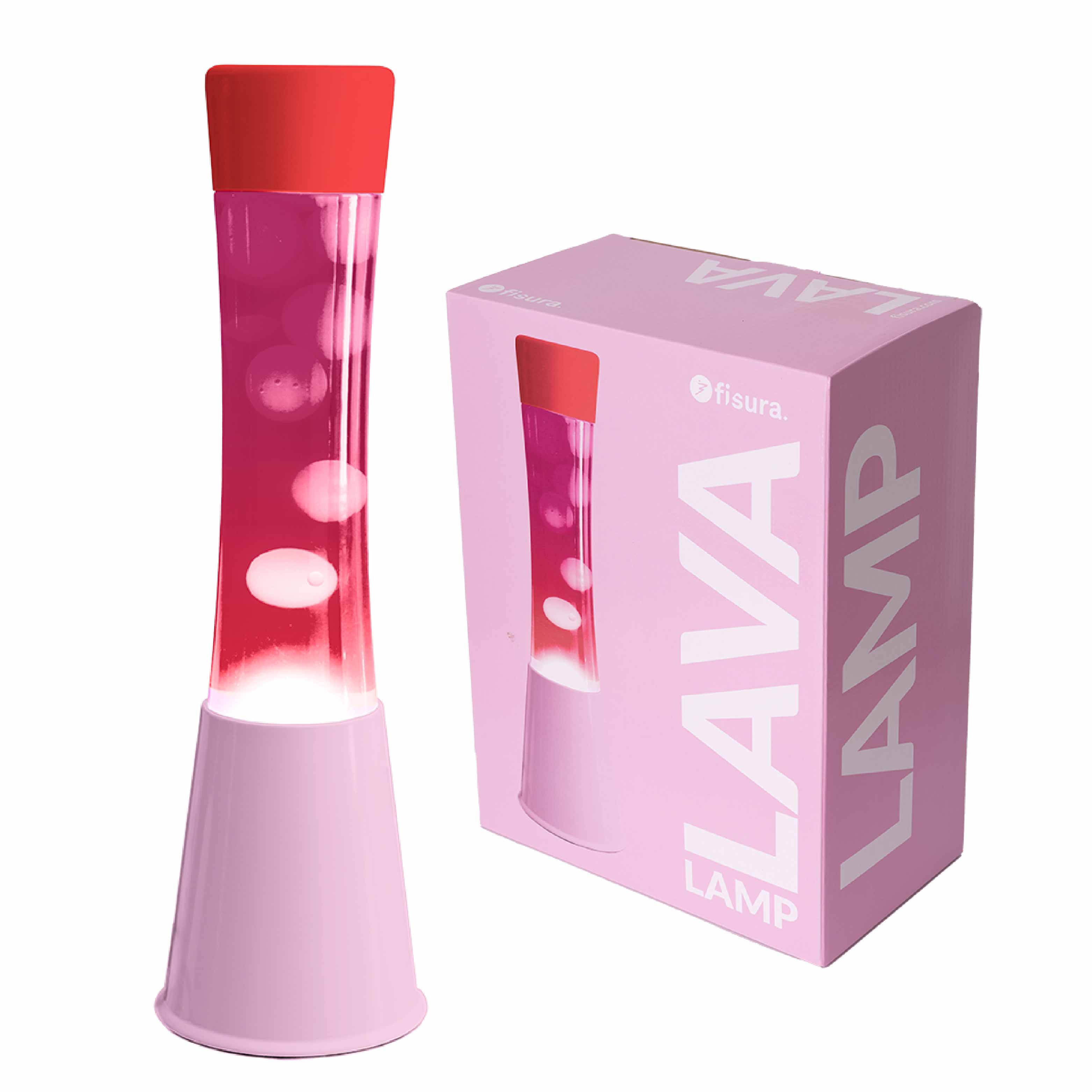 Lámpara de Lava base rosa con tapa roja, líquido rosa y lava transparente