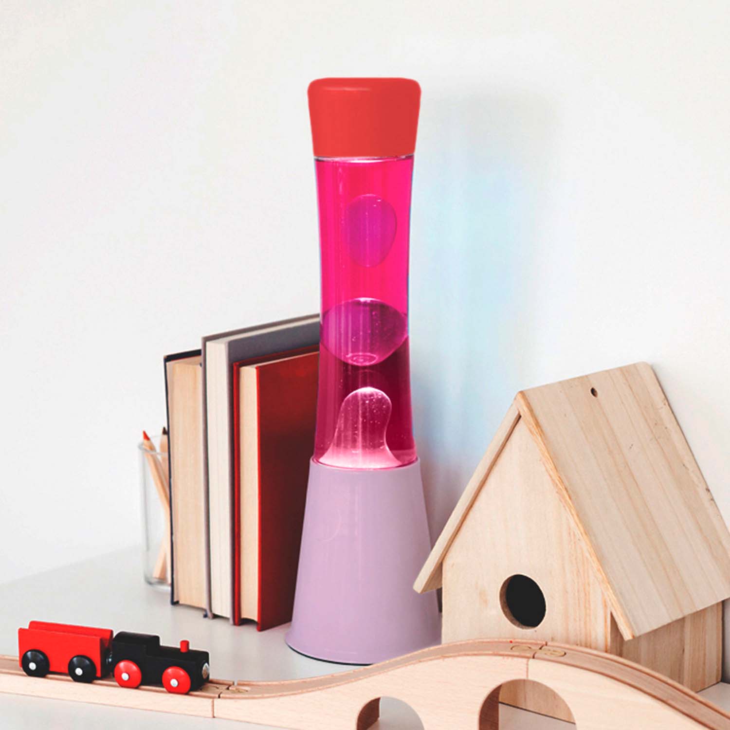 Lámpara de Lava base rosa con tapa roja, líquido rosa y lava transparente