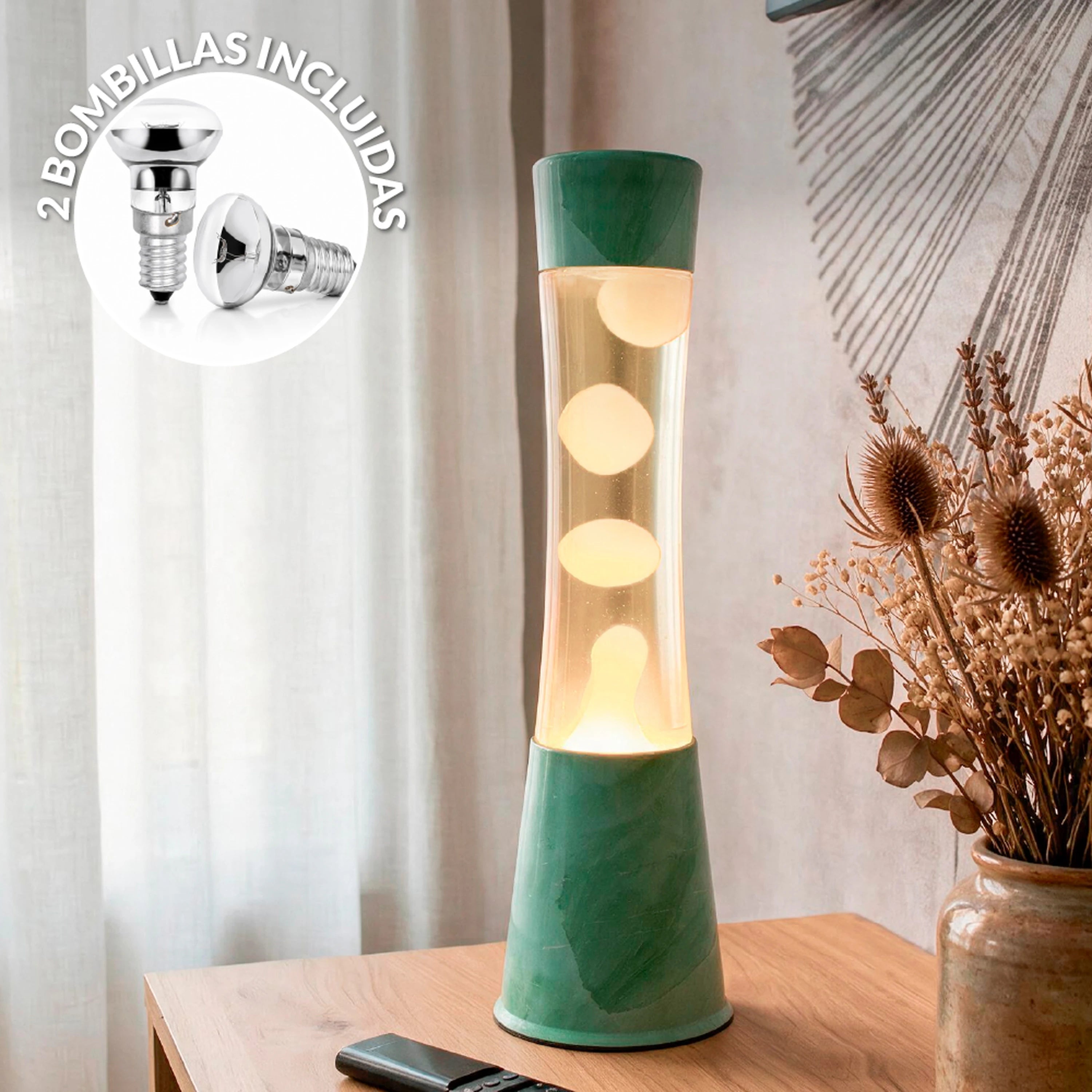 Lámpara de lava con base jade con líquido transparente con Lava menta