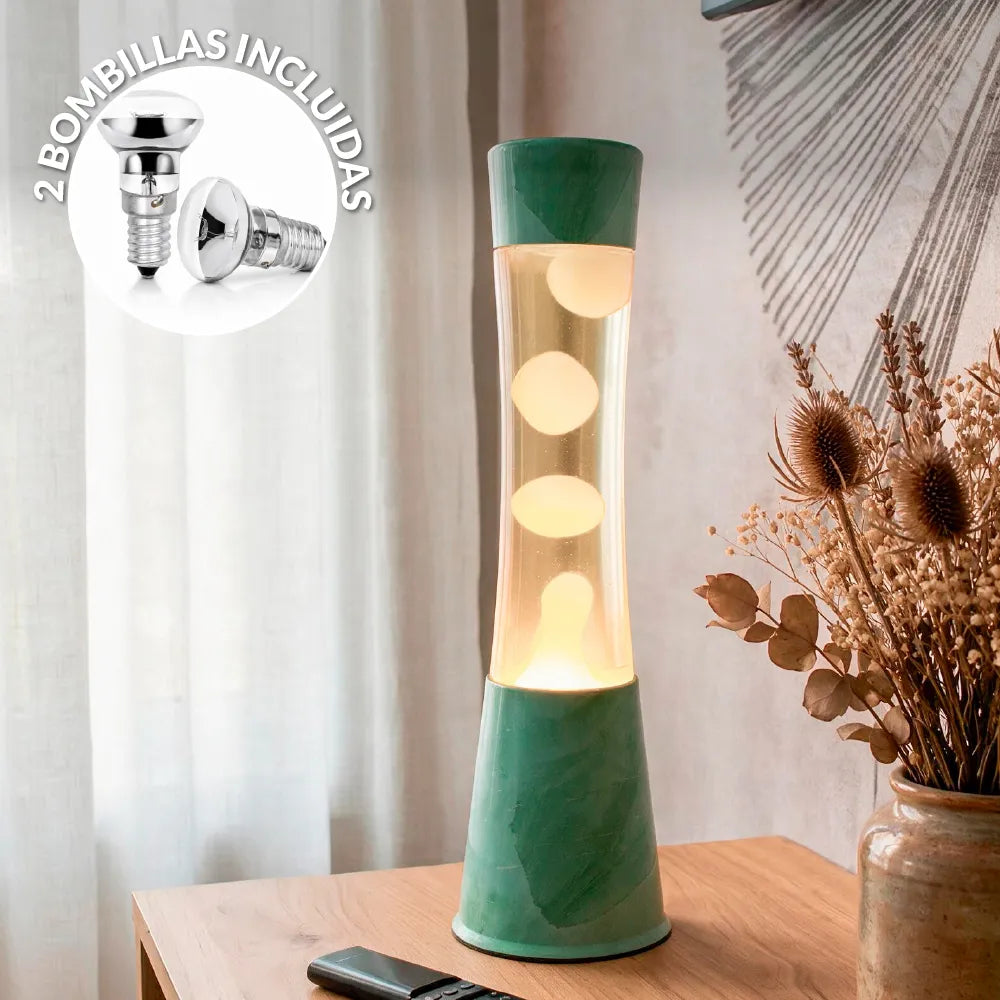 Lámpara de lava con base jade con líquido transparente con Lava menta