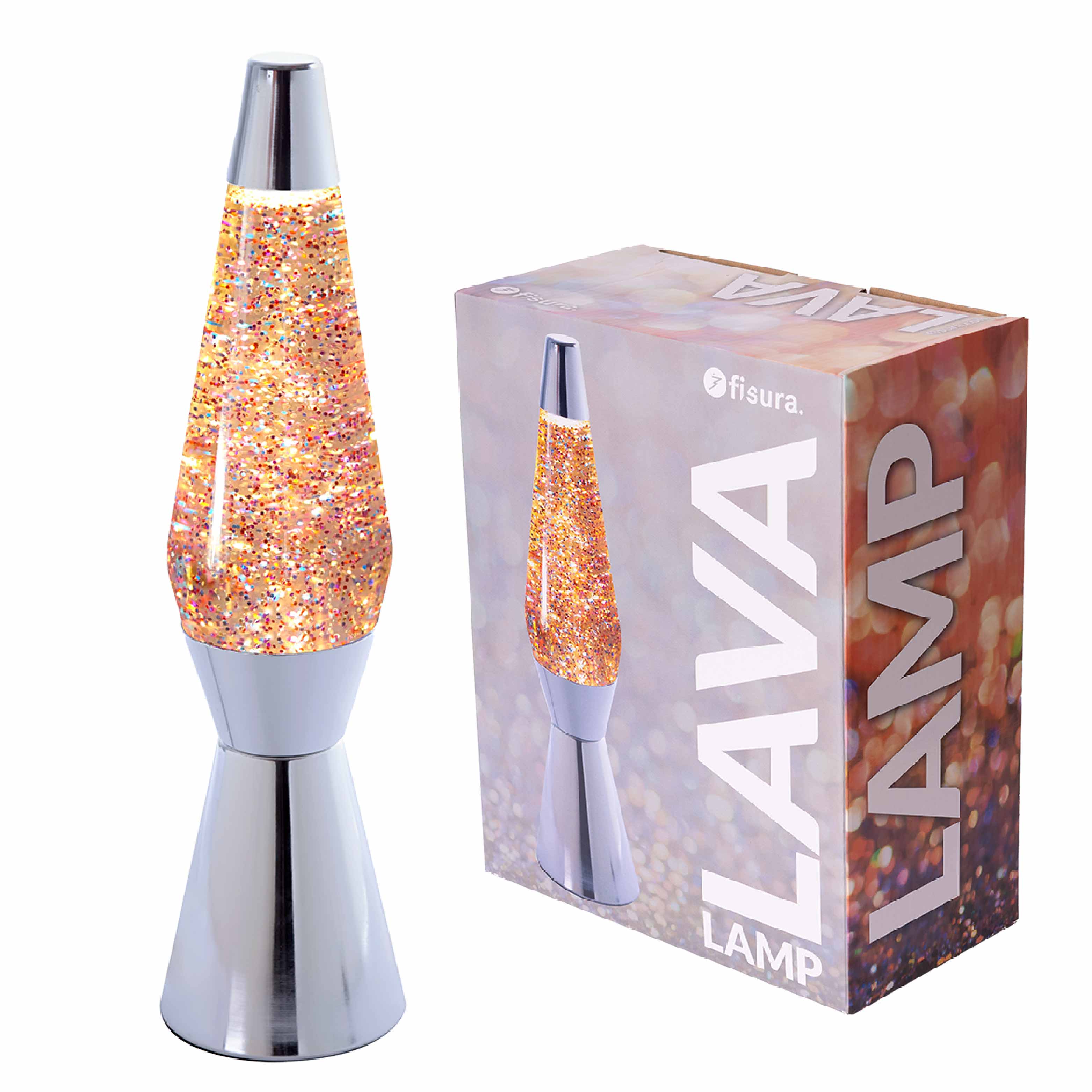 Lámpara de lava “Bullet” con purpurina y base cromada