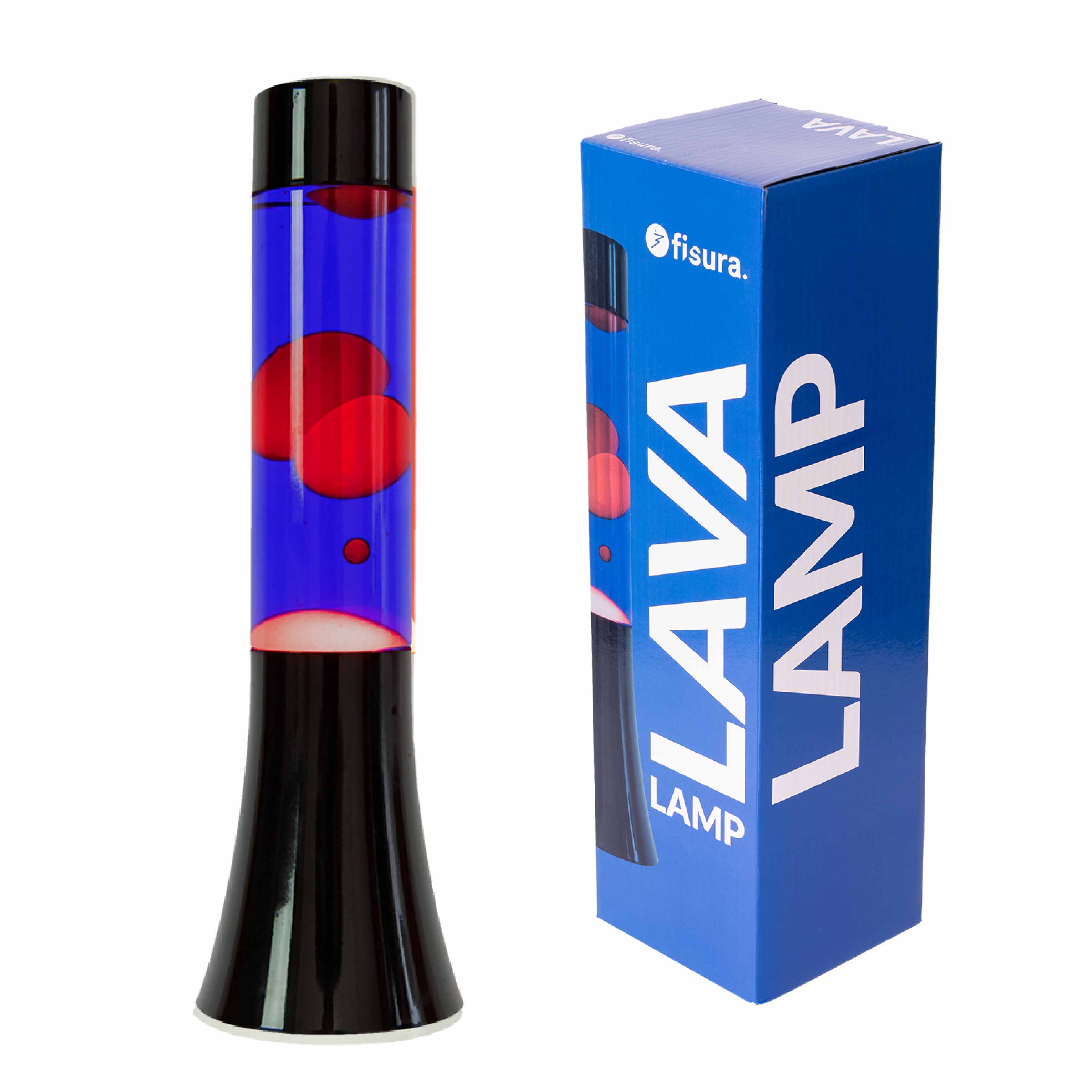 Lámpara de lava roja de 30 cm con base negra y líquido azul