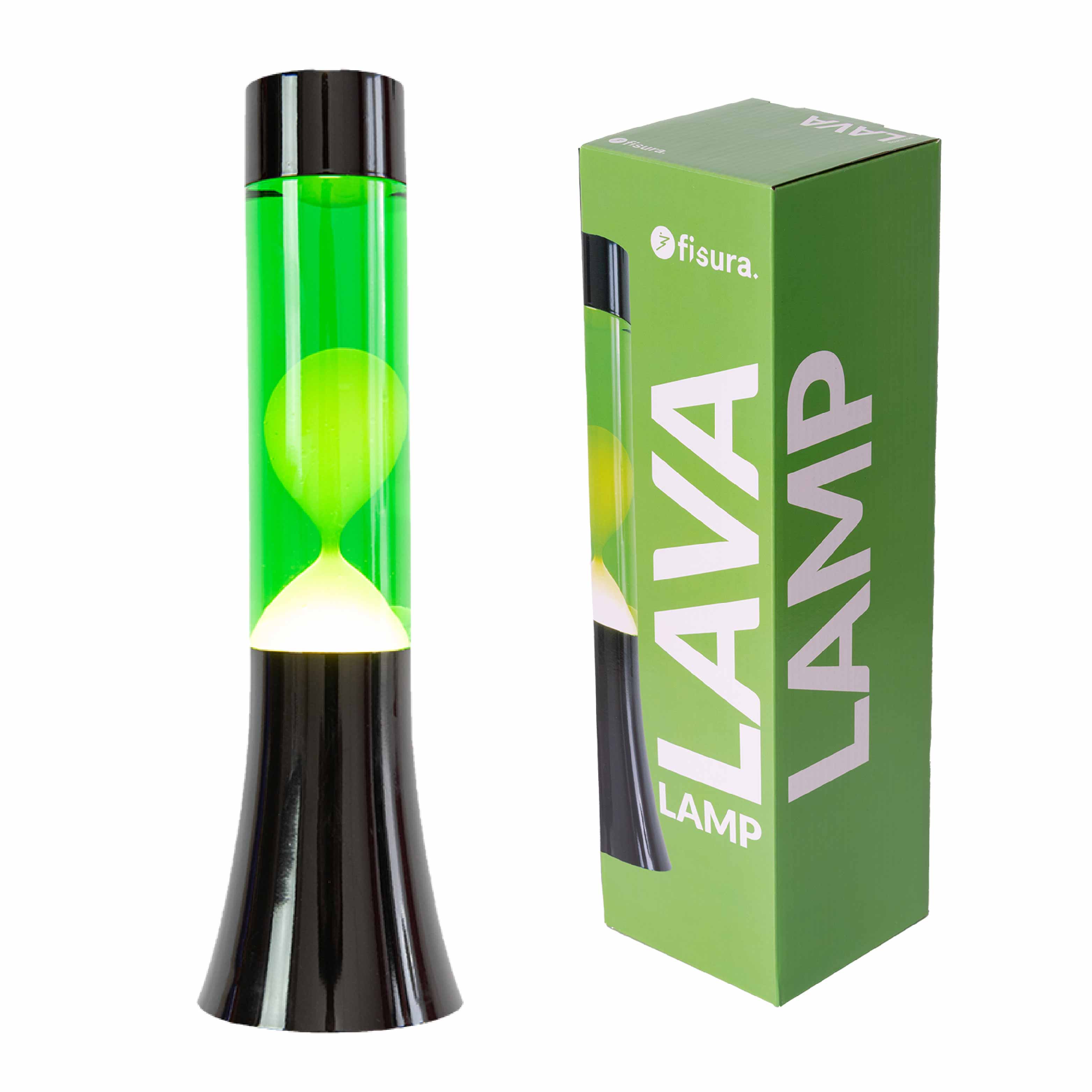 Lámpara de lava amarilla de 30 cm con base negra y líquido verde