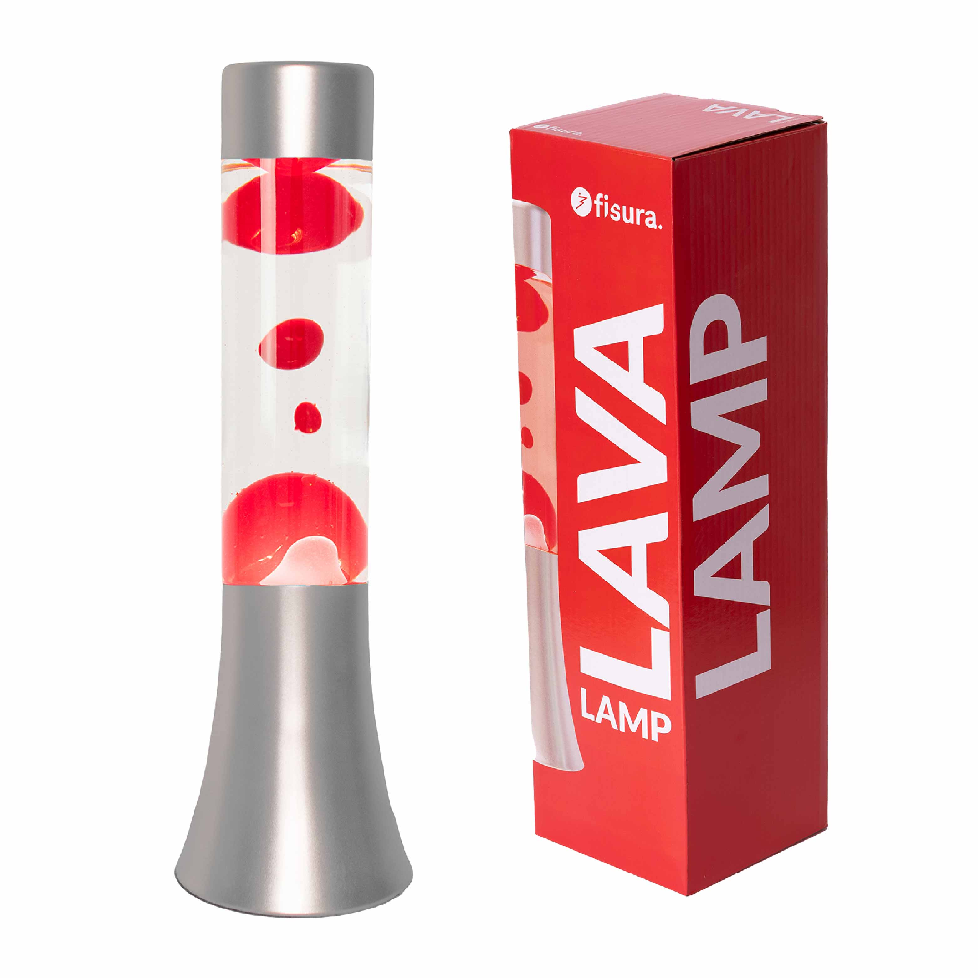 Lámpara de lava roja de 30 cm con base plateada y líquido transparente