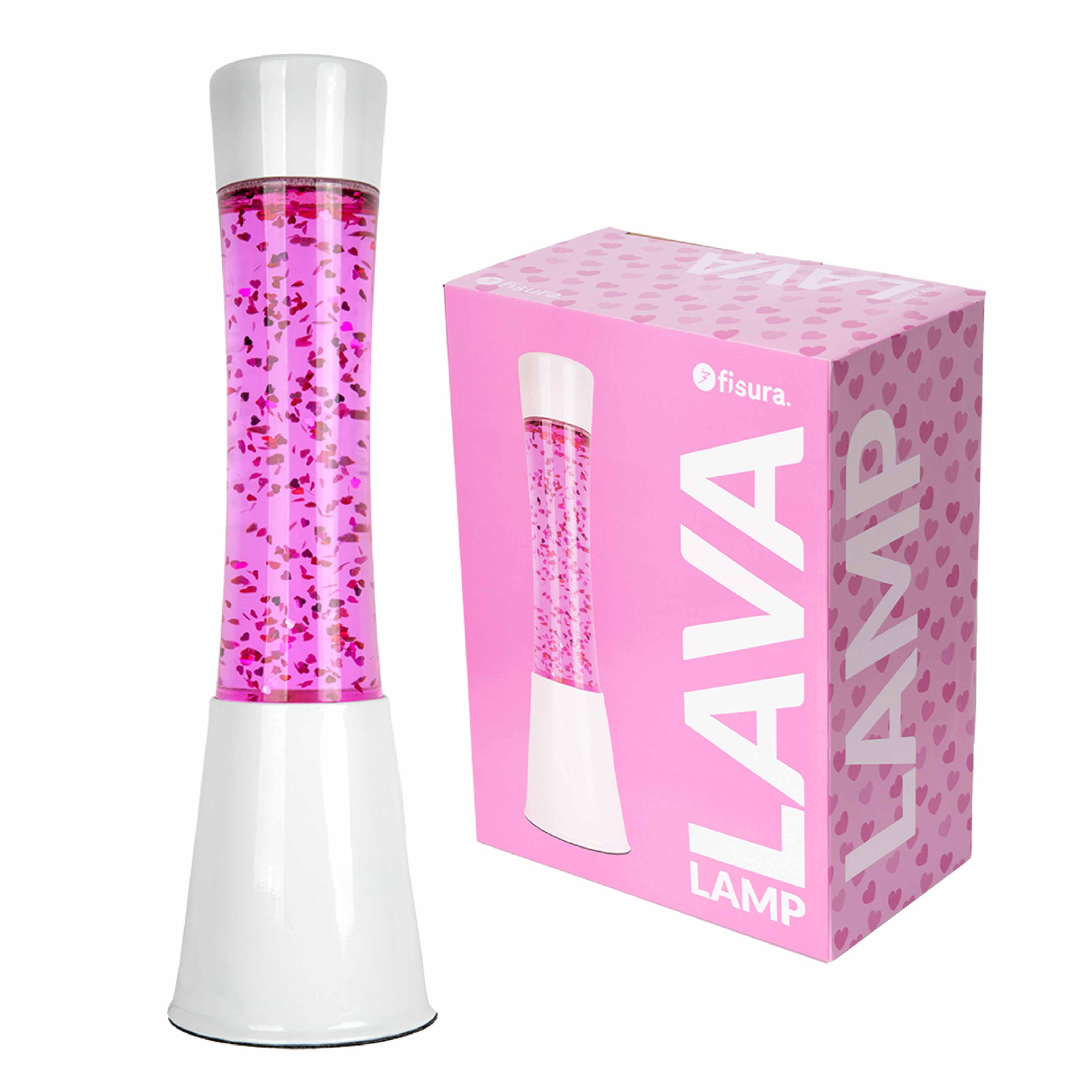 Lámpara de lava con purpurina de corazones con base blanca y líquido rosa