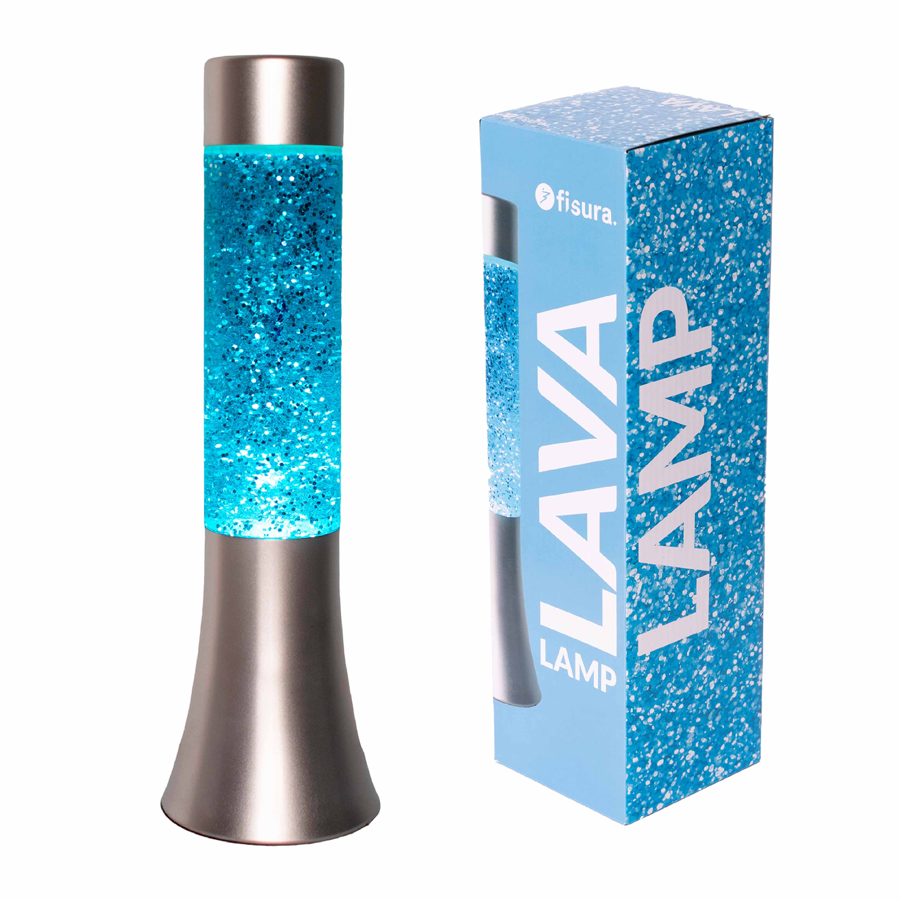 Lámpara de lava glitter de 30 cm con base plateada y líquido azul