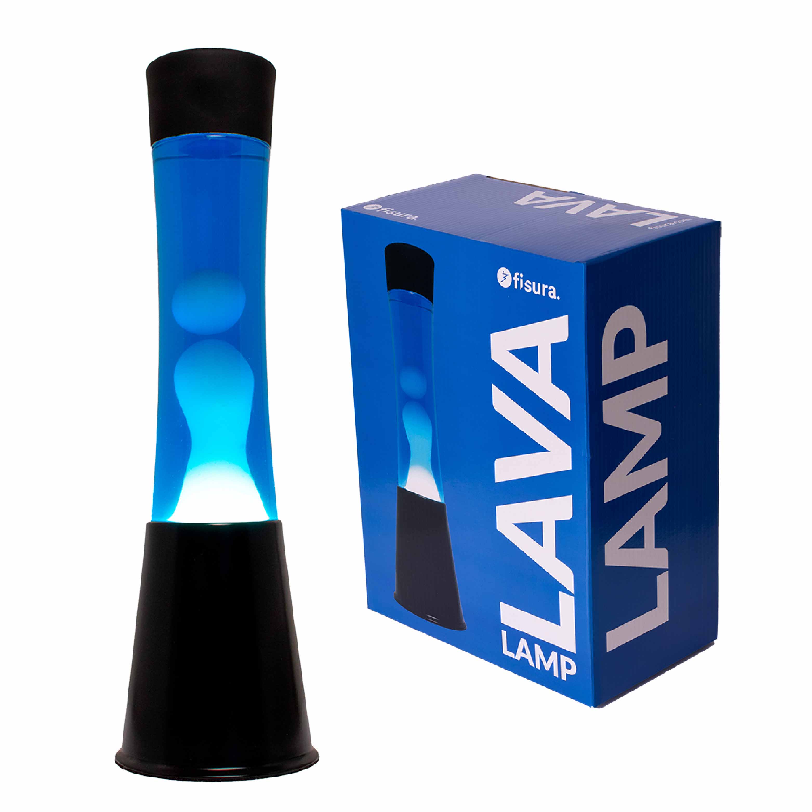Lámpara de lava blanca de 40 cm con base negra y líquido azul