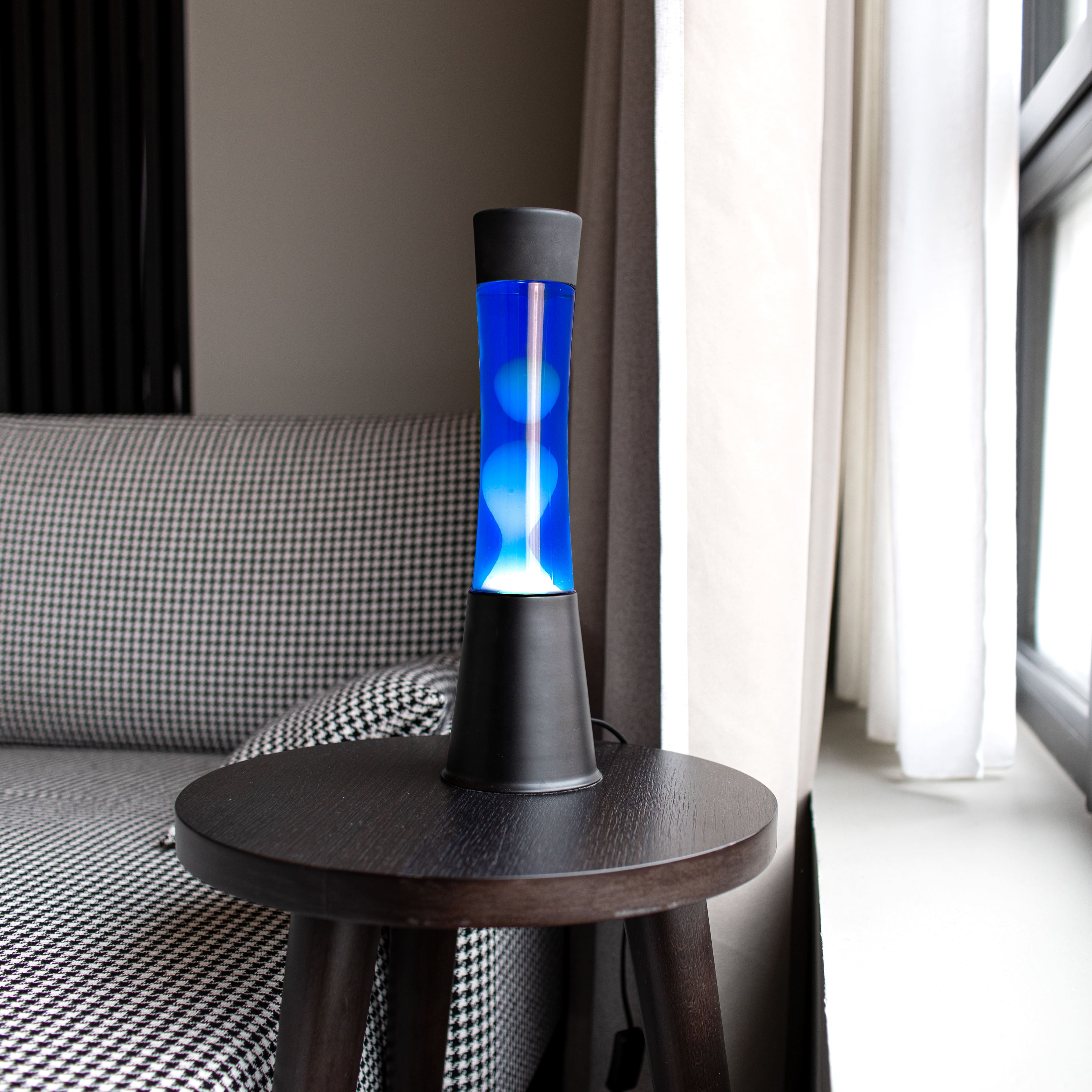 Lámpara de lava blanca de 40 cm con base negra y líquido azul