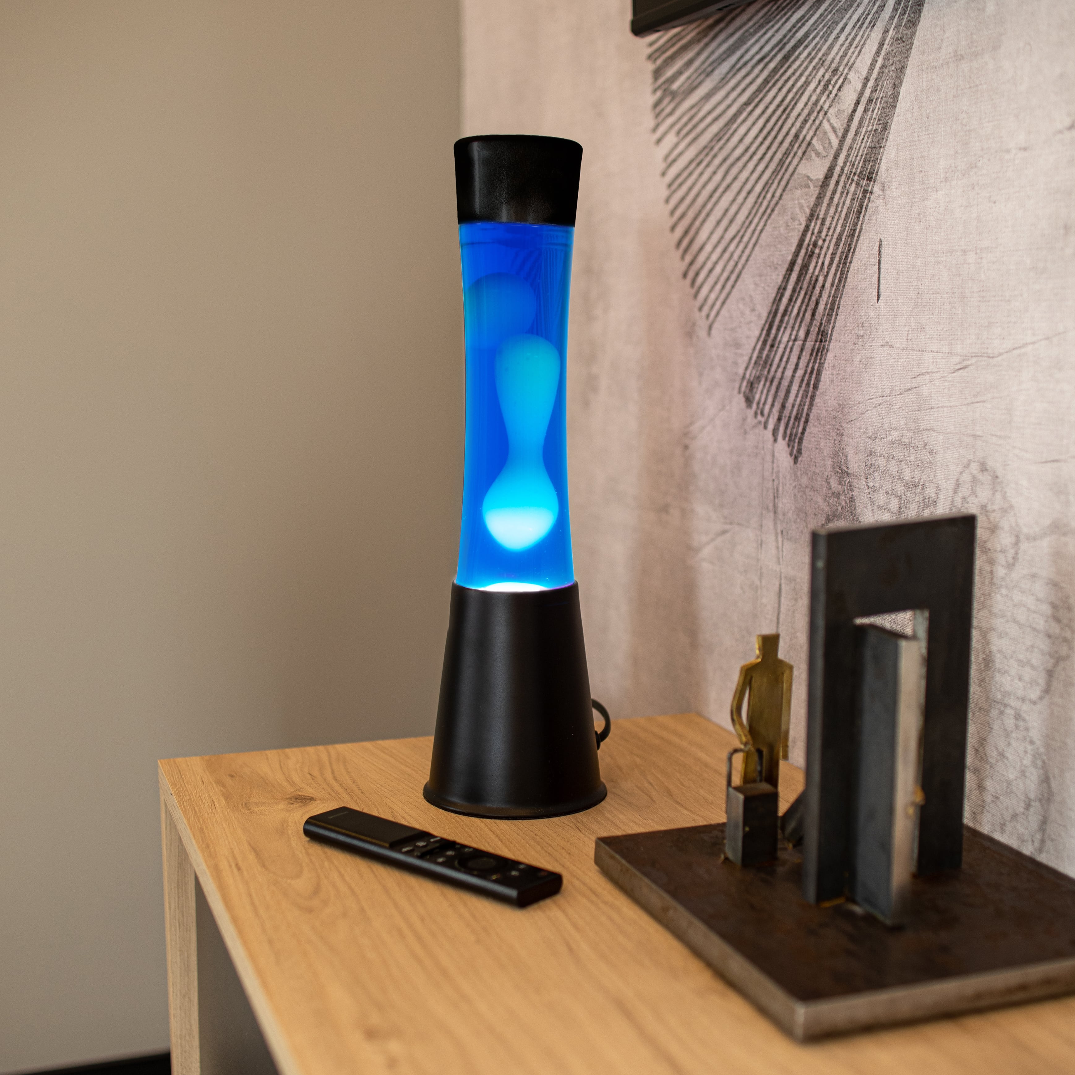 Lámpara de lava blanca de 40 cm con base negra y líquido azul