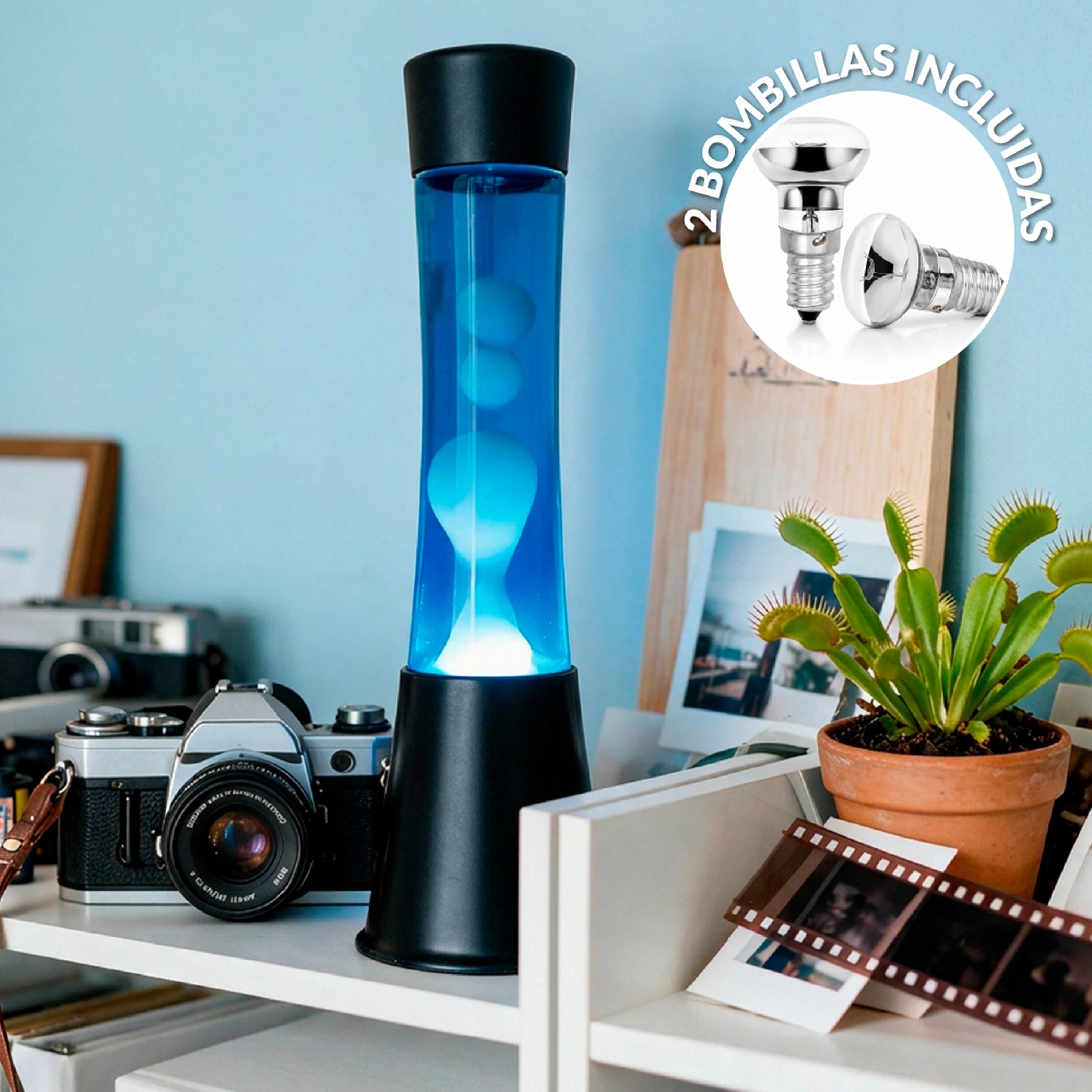Lámpara de lava blanca de 40 cm con base negra y líquido azul