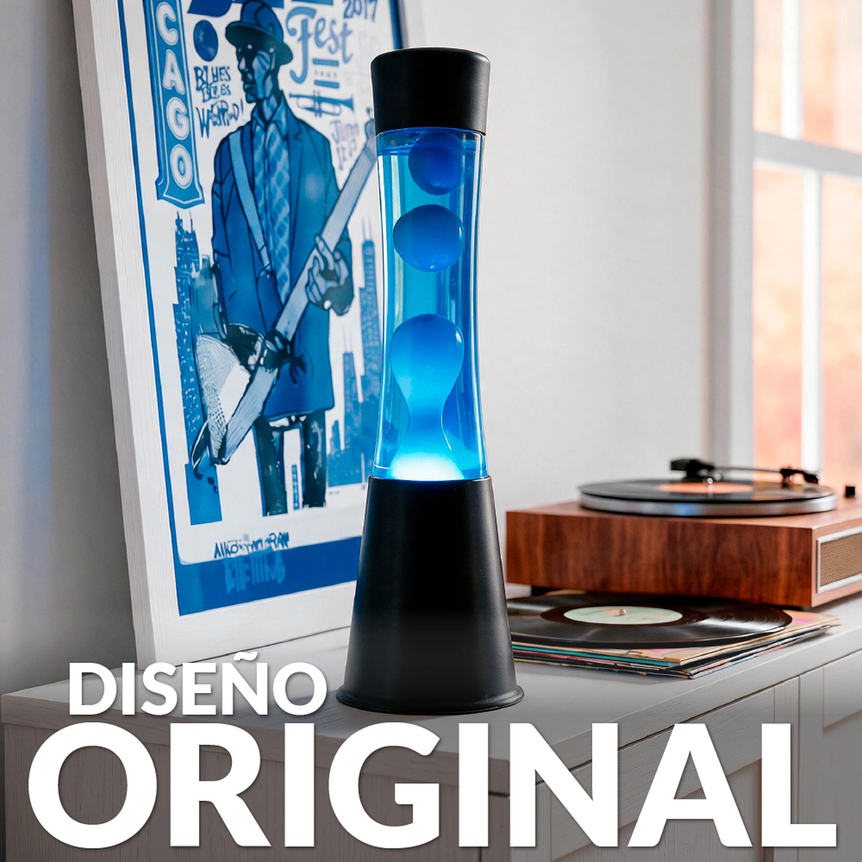 Lámpara de lava blanca de 40 cm con base negra y líquido azul