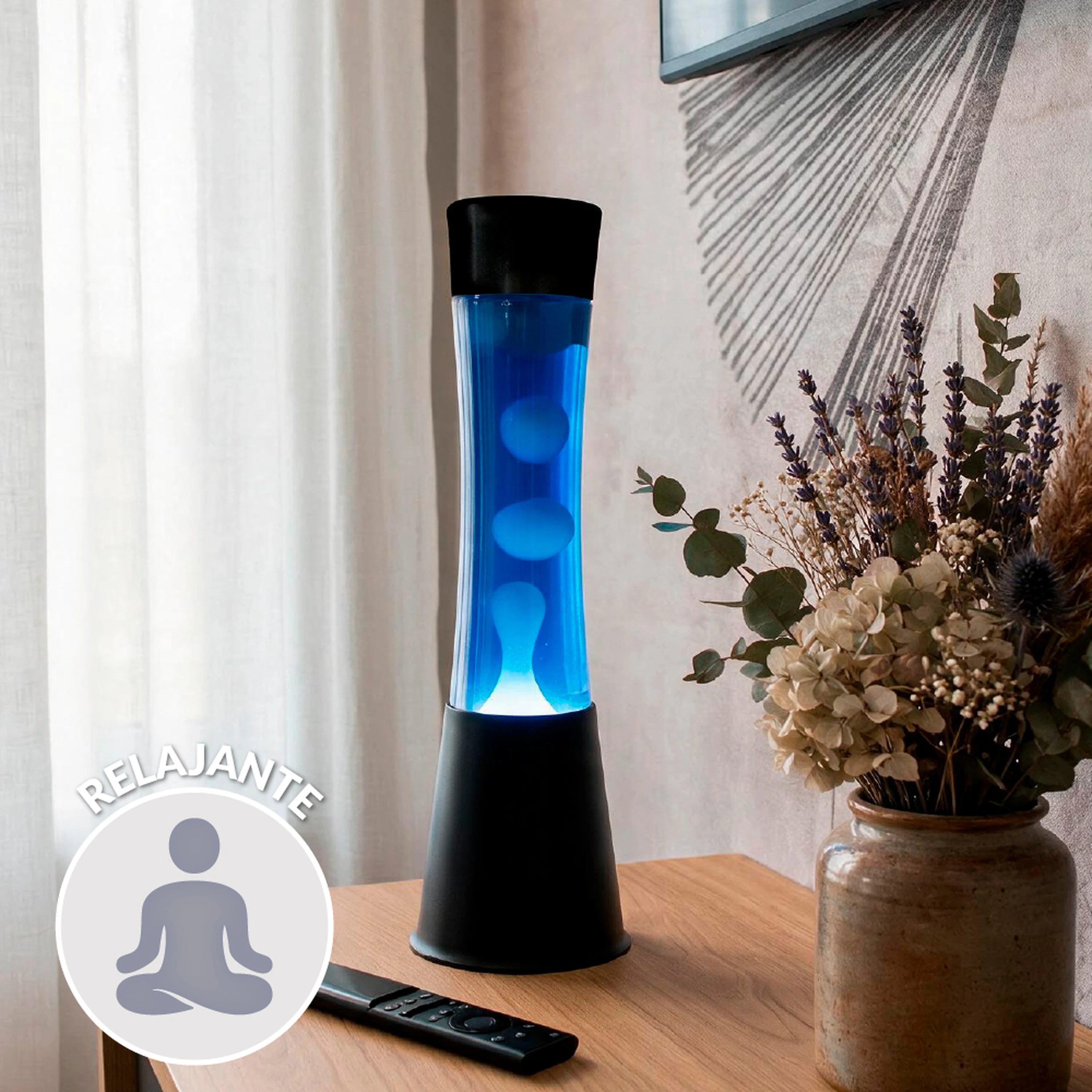 Lámpara de lava blanca de 40 cm con base negra y líquido azul