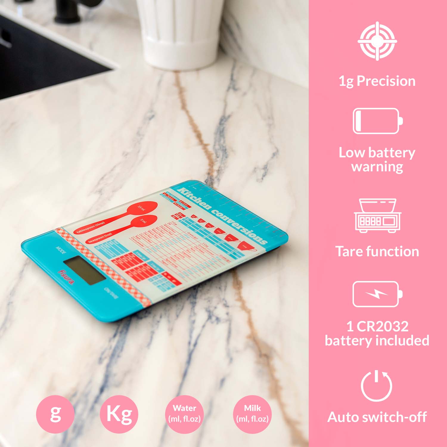 Báscula digital de cocina con estampado de medidas de repostería