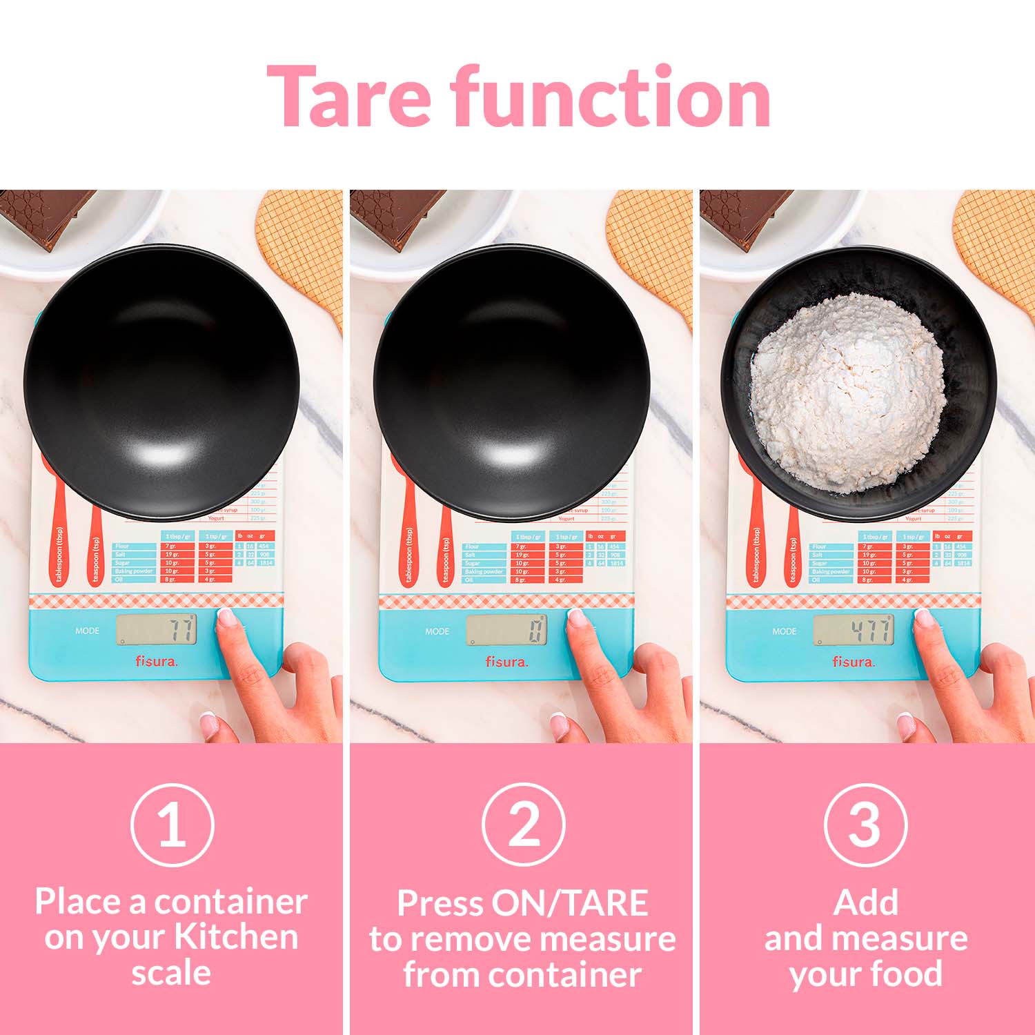 Báscula digital de cocina con estampado de medidas de repostería