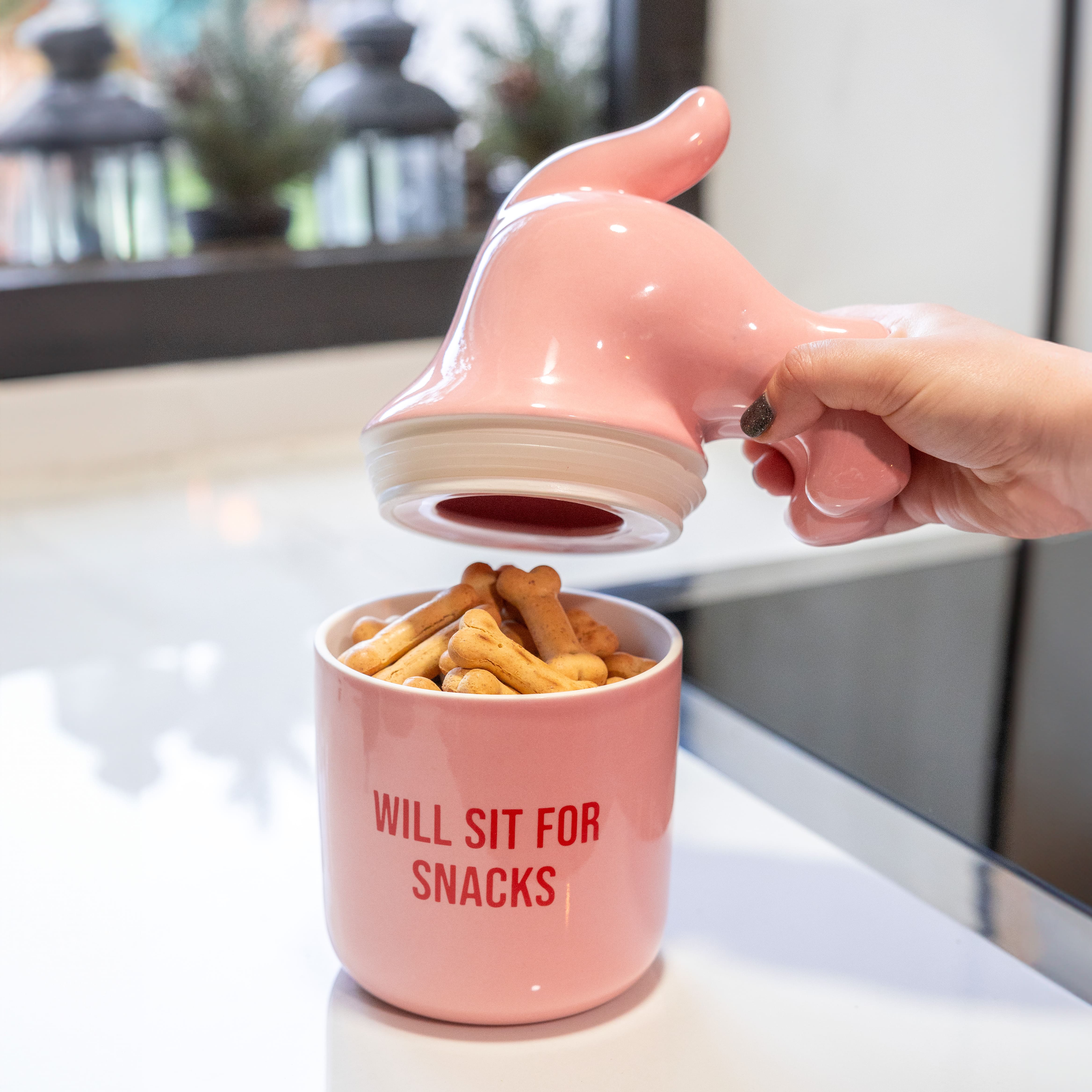 Bote premios “Will sit for snacks” rosa