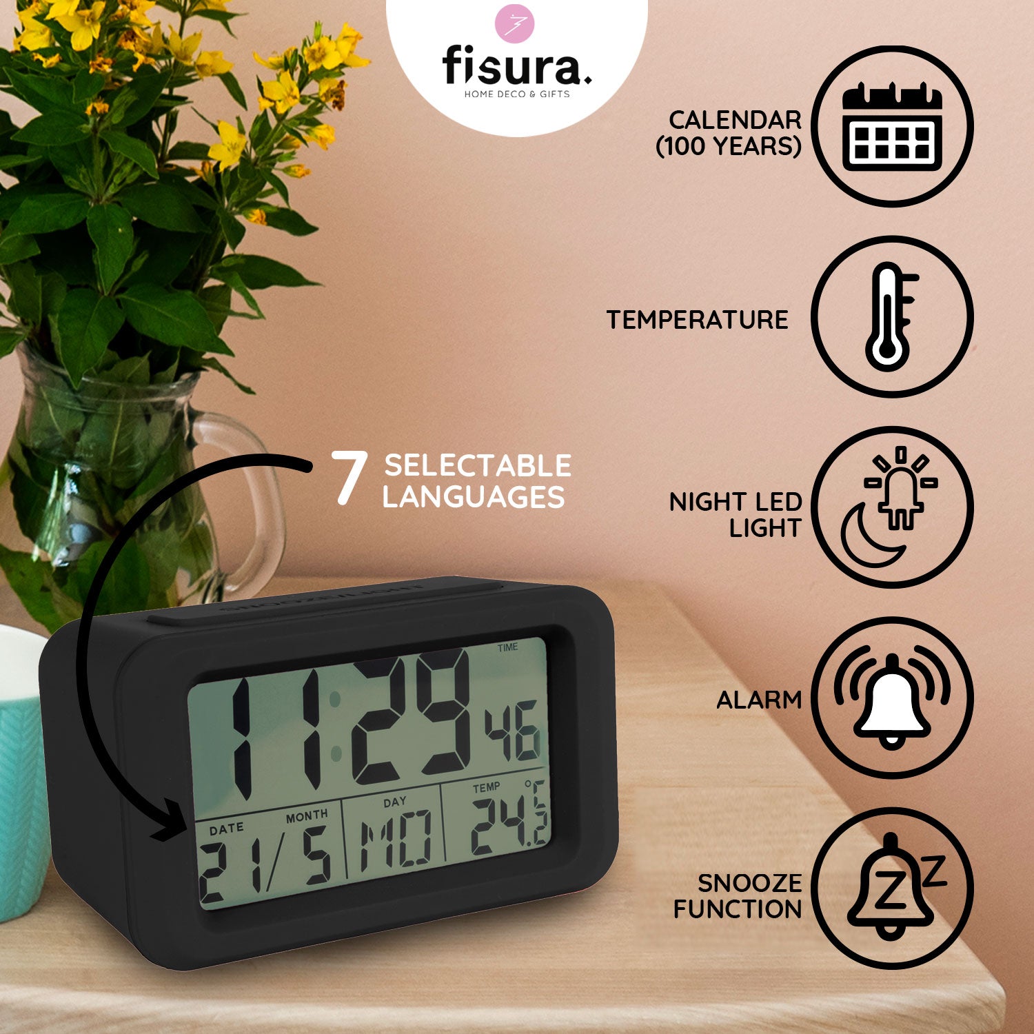 Reloj despertador digital Negro