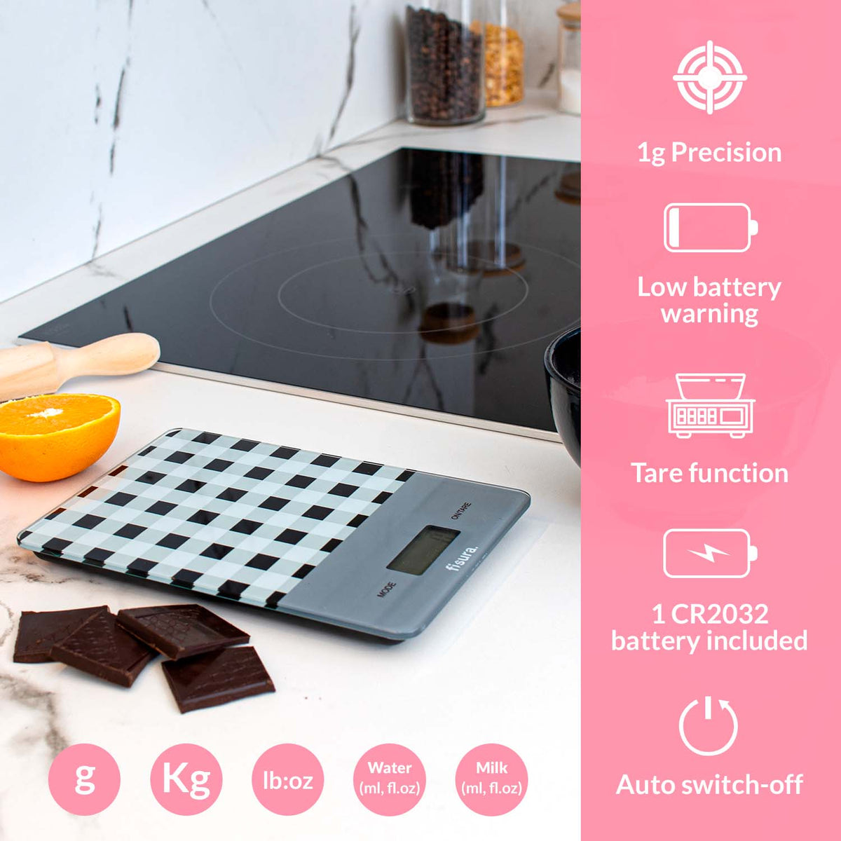 Báscula digital de cocina con estampado de medidas de repostería – Fisura