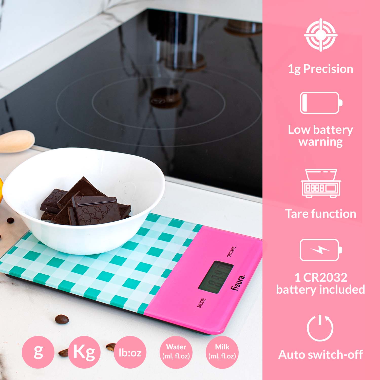 Báscula digital de cocina con estampado vichy verde