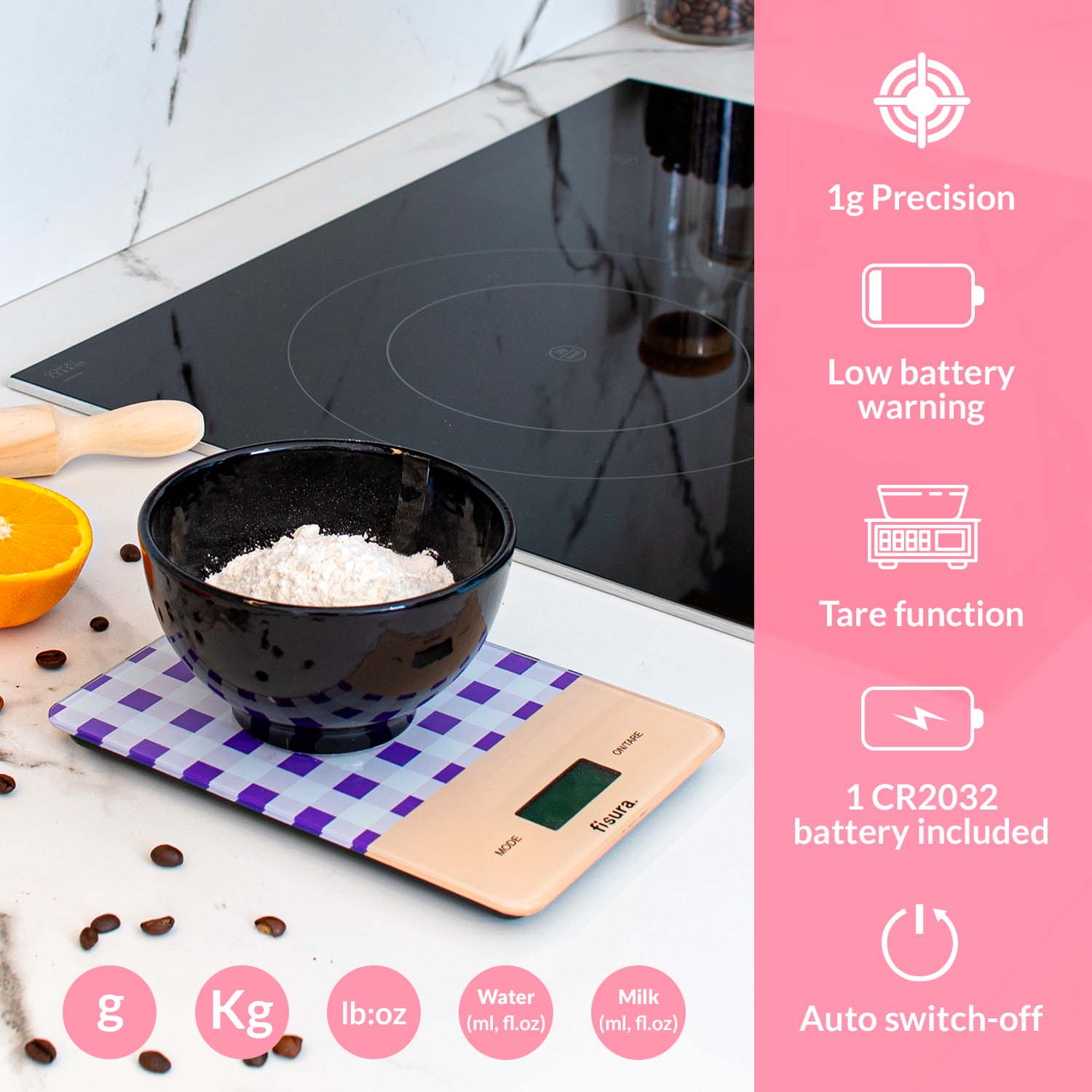 Báscula digital de cocina con estampado vichy morado