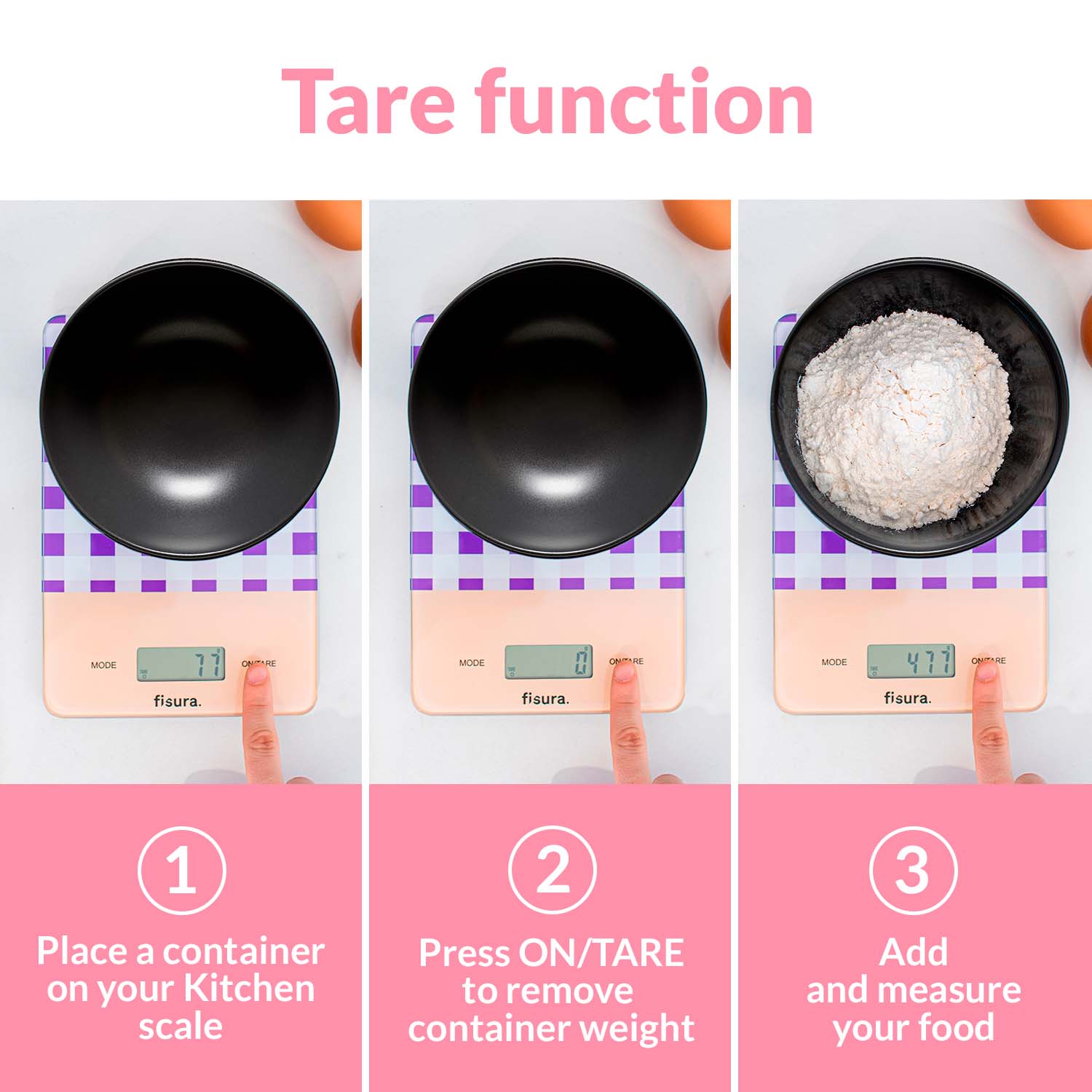 Báscula digital de cocina con estampado vichy morado