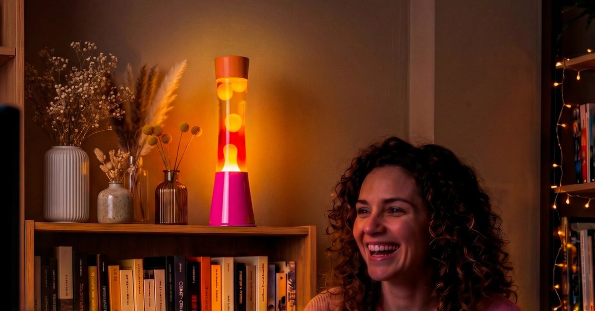 Chica relajada en el sofá con una lámpara de lava rosa y naranja encendida en la estantería