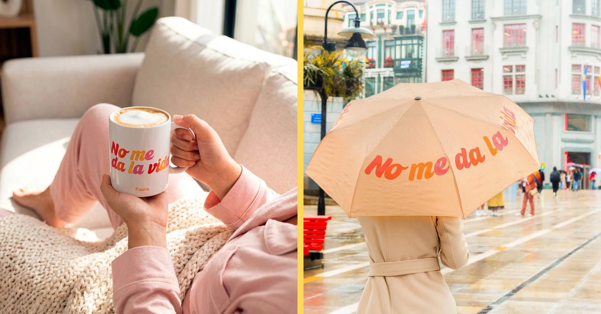 Taza No me da la vida con café en el sofá y paraguas plegable No me da la vida en un día de lluvia