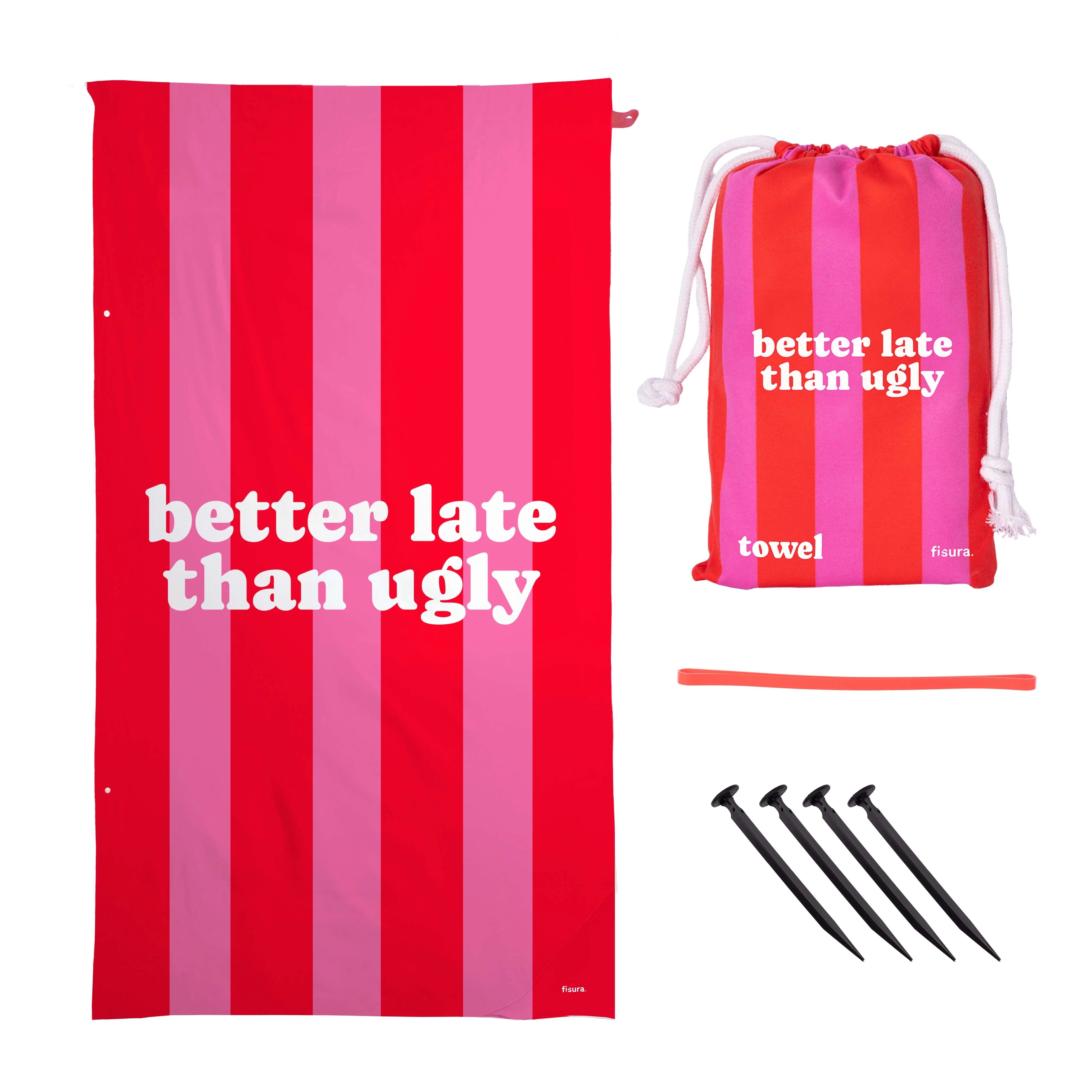Toalla playa "better late than ugly" rosa y rojo