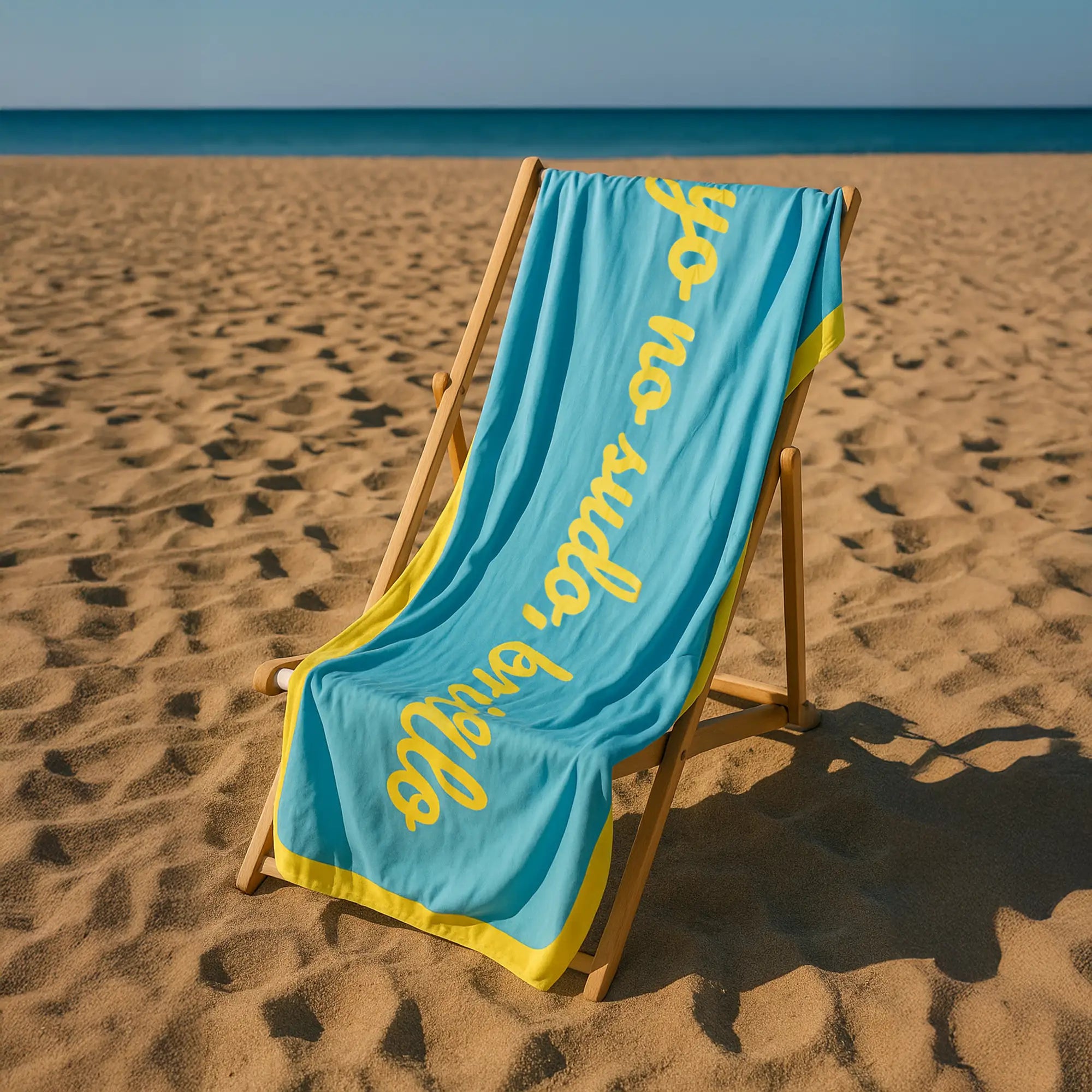 Toalla playa "yo no sudo, brillo" azul y amarillo