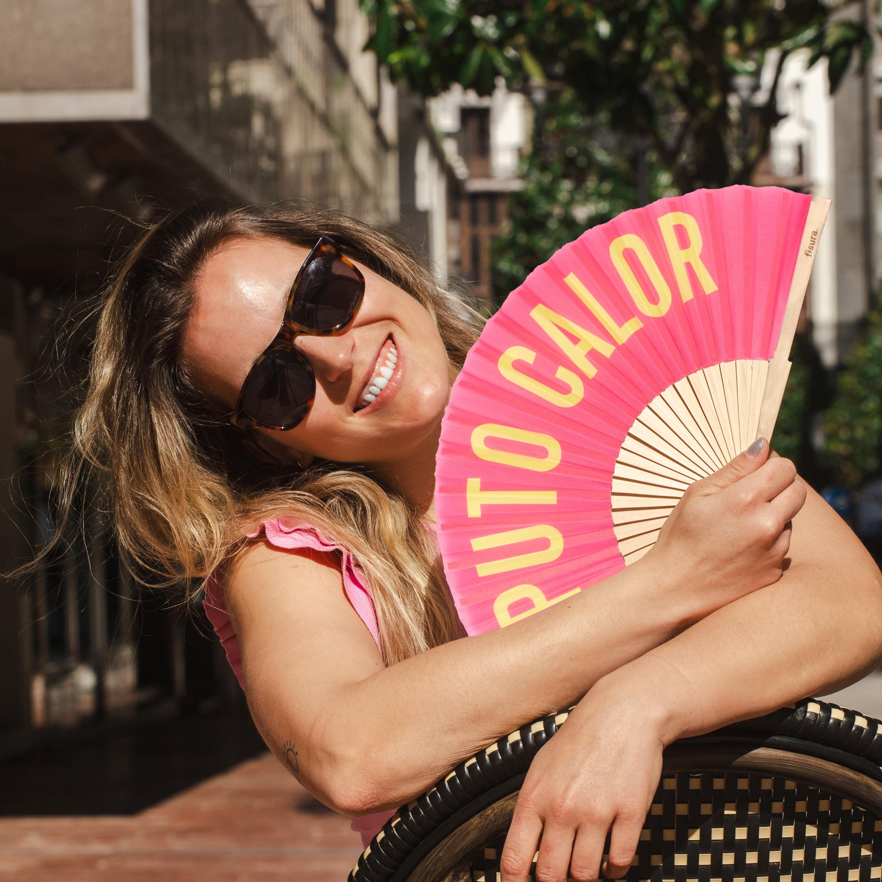 Abanico "Puto calor" rosa