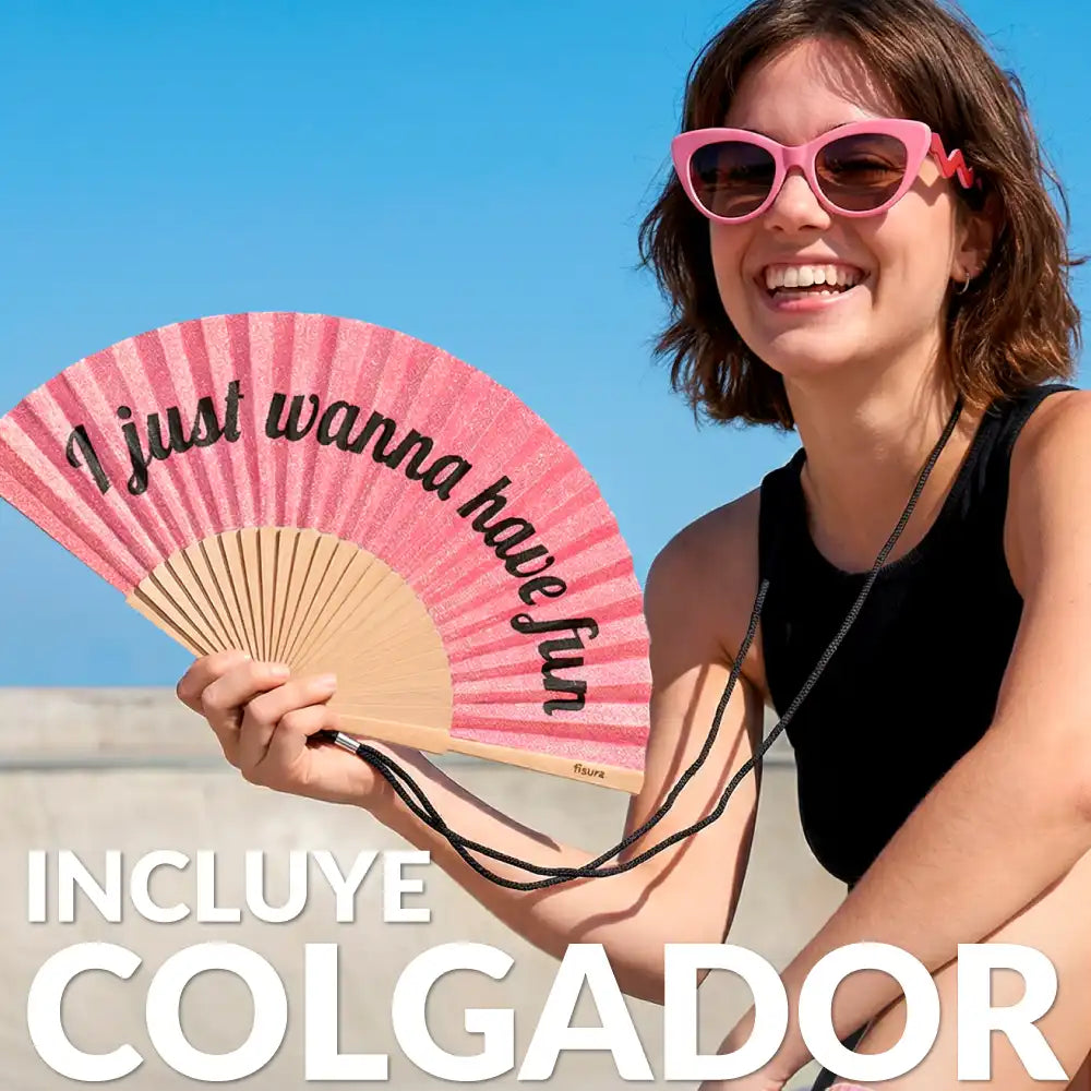 Abanico “I just wanna have fun” purpurina