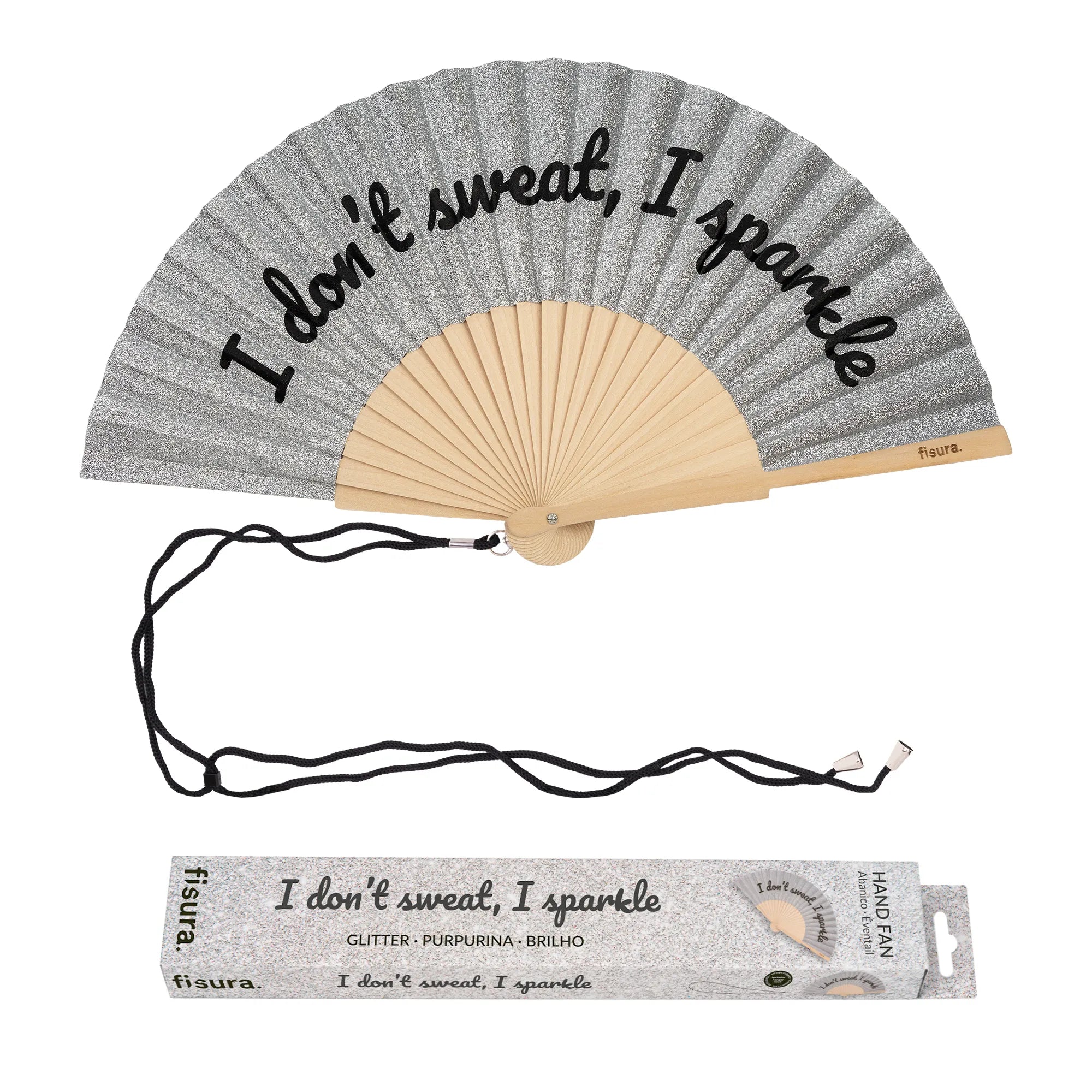 Abanico “I don’t sweat, I sparkle” purpurina